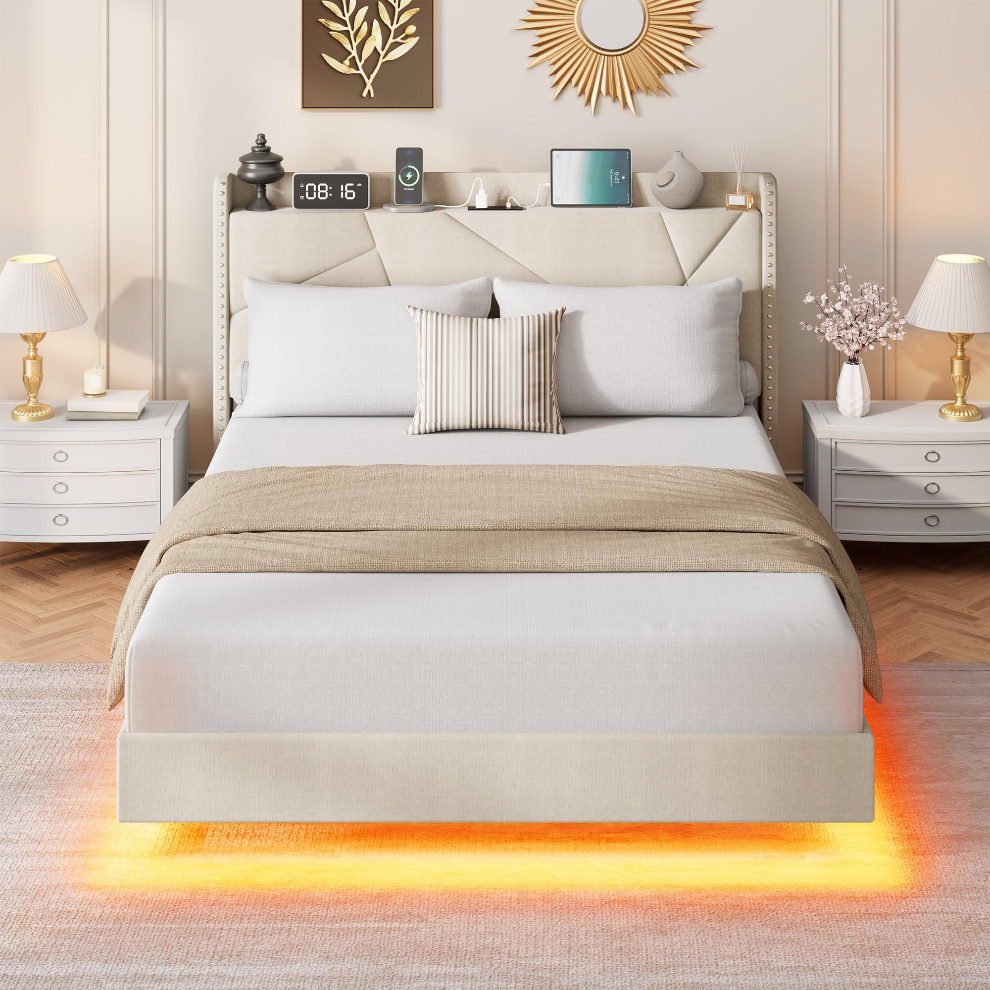 Back. Homhougo - Queen Size Floating Bed Frame, Suspended Bed with RGB LED Lights and Charging Station, Upholstered Bed Frame - Beige.