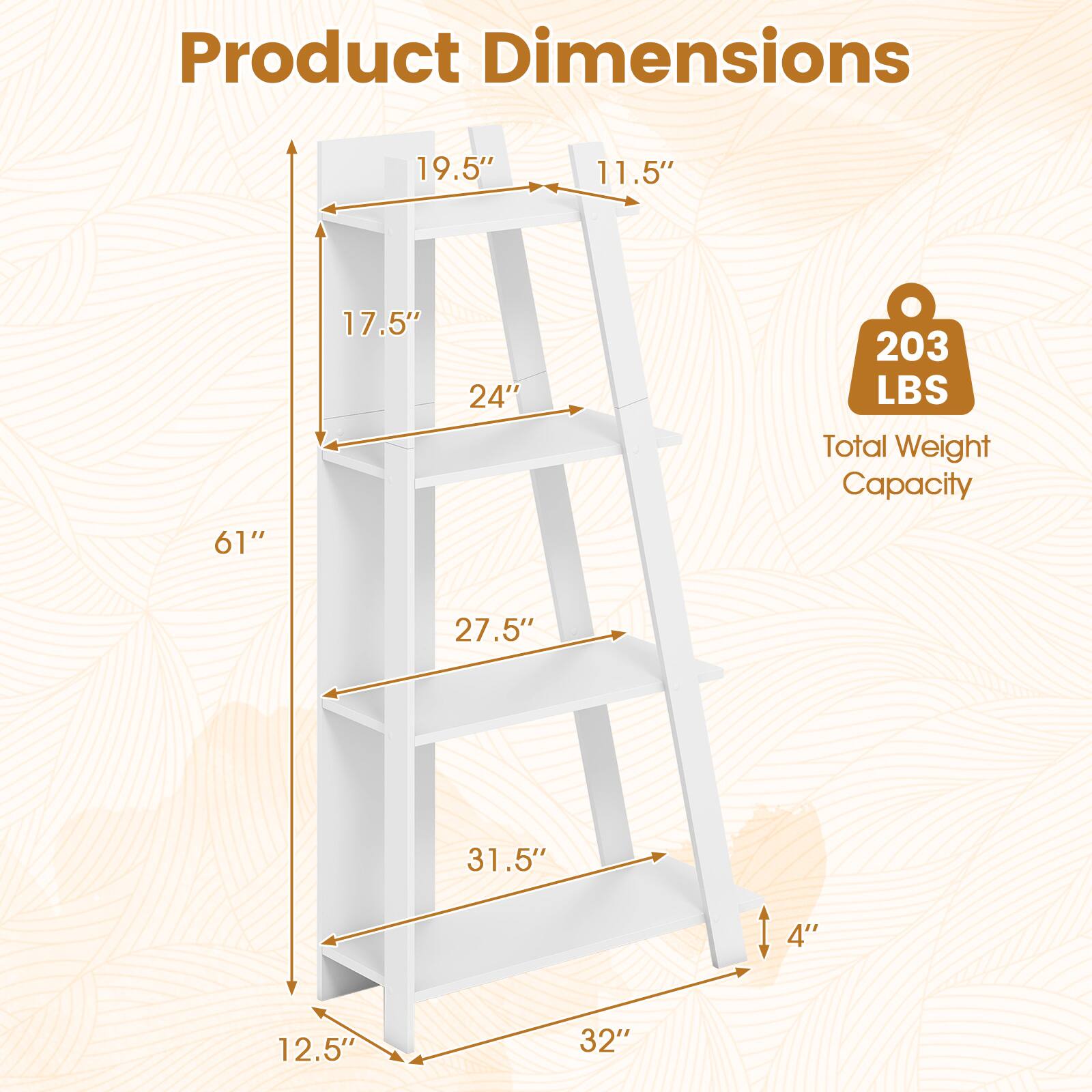 Product Dimensions: 19.5" x 11.5" x 17.5" x 24" x 61" x 27.5" x 31.5" x 4" x 12.5" x 32"  
Total Weight Capacity: 203 LBS
