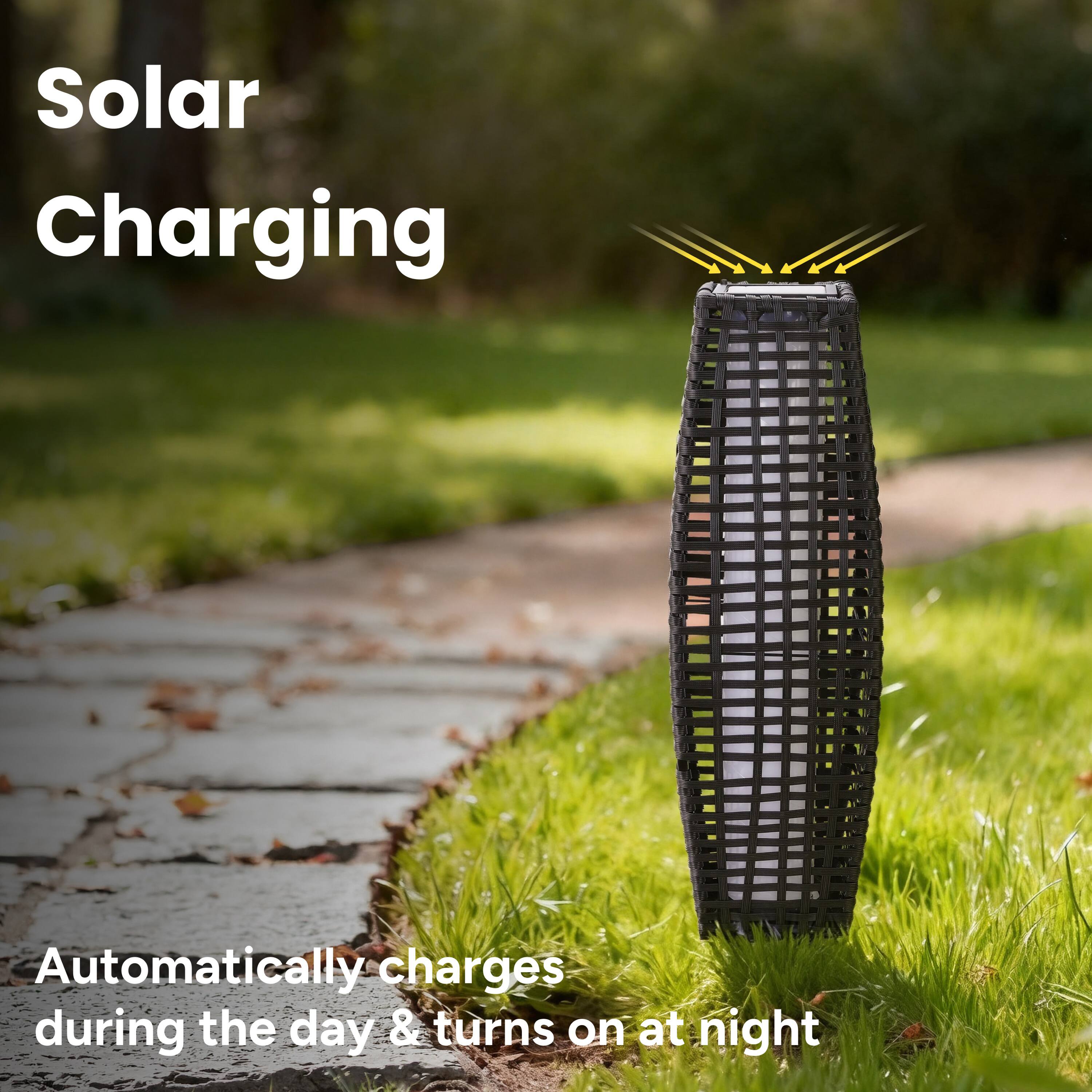 Solar Charging  
Automatically charges during the day & turns on at night