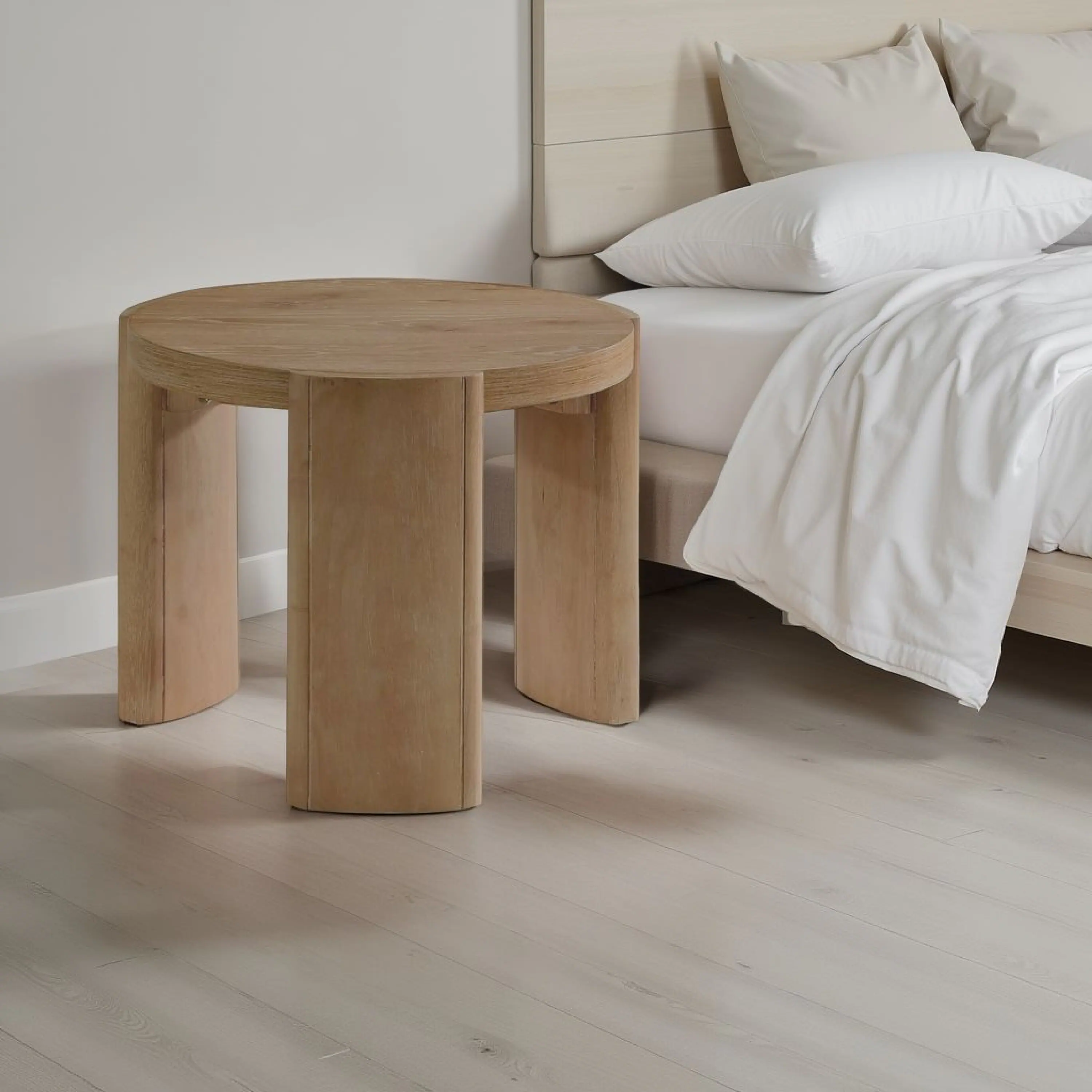 Alt View 5. Manhattan Lane - Timore End Table, Round 20 Inch Oak Brown Wood Top, Plinth Base - Natural Oak Brown.