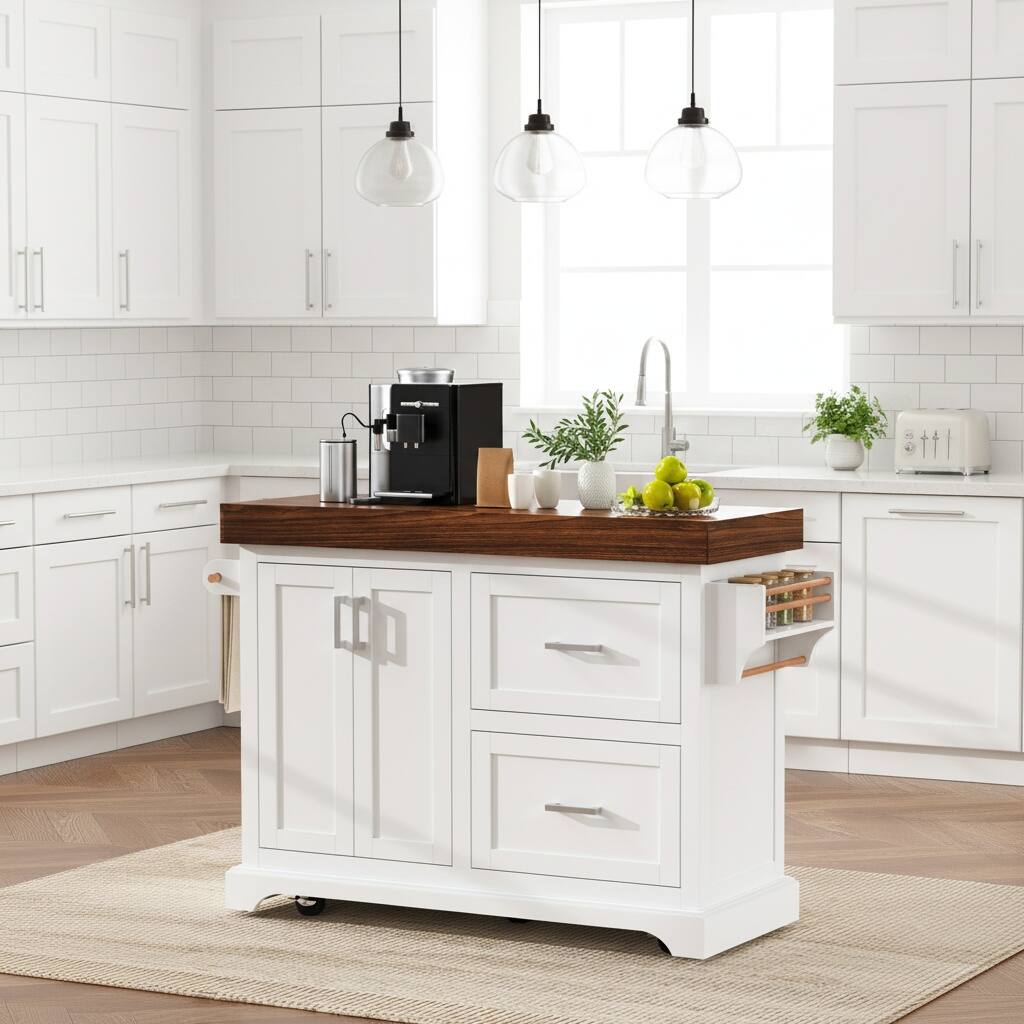 Left. Forest'nSky - 53" Large Kitchen Island with 3.5" Thick Desktop – Rolling Cart with 5 Wheels, 2 Extra-Large Drawers, White - White.