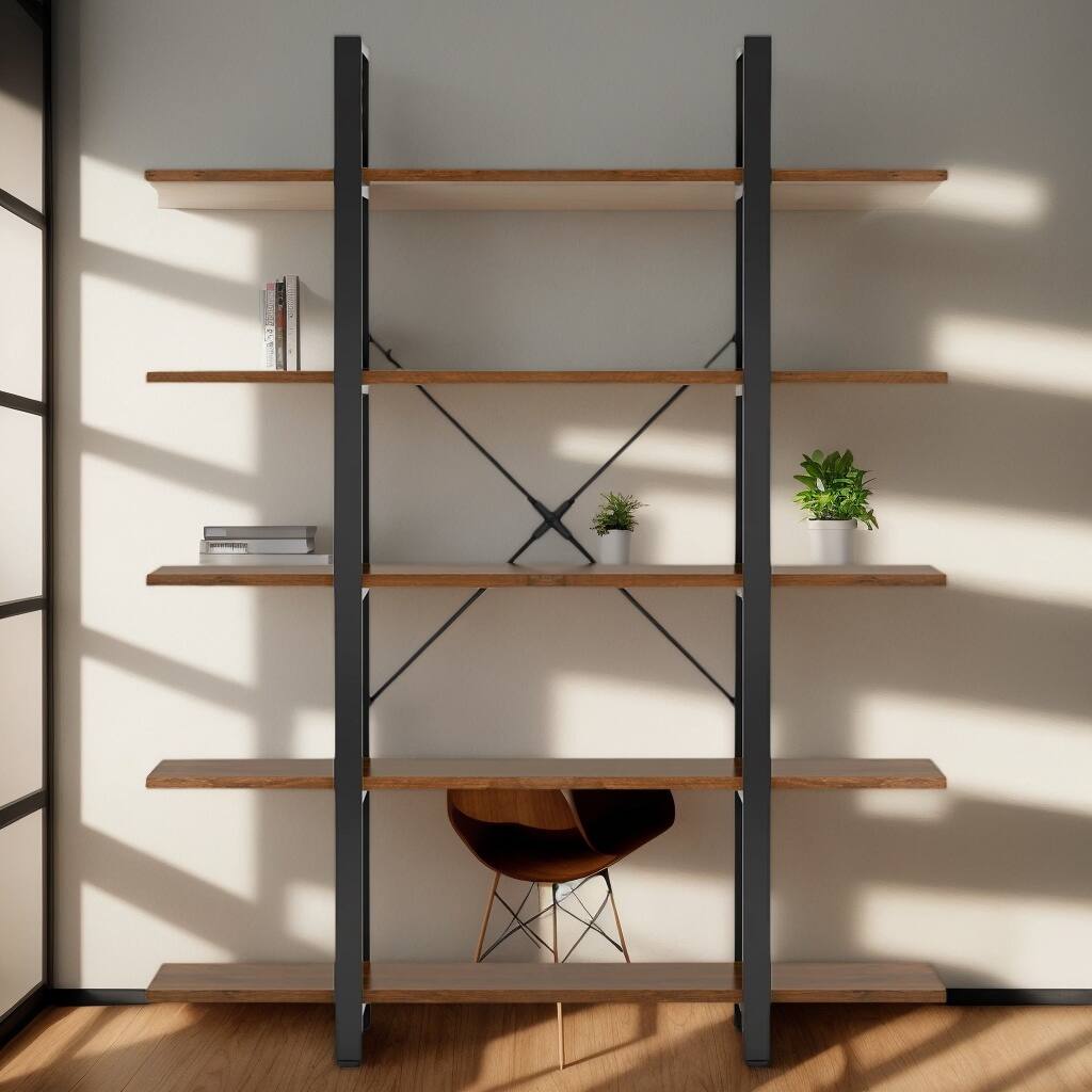 Alt View 4. Kadyn - Kadyn Bookcase, Open Etagere Storage Display Bookshelf,4-Tier Leaning Free Standing Ladder Shelf 5-Tier - Retro Brown.