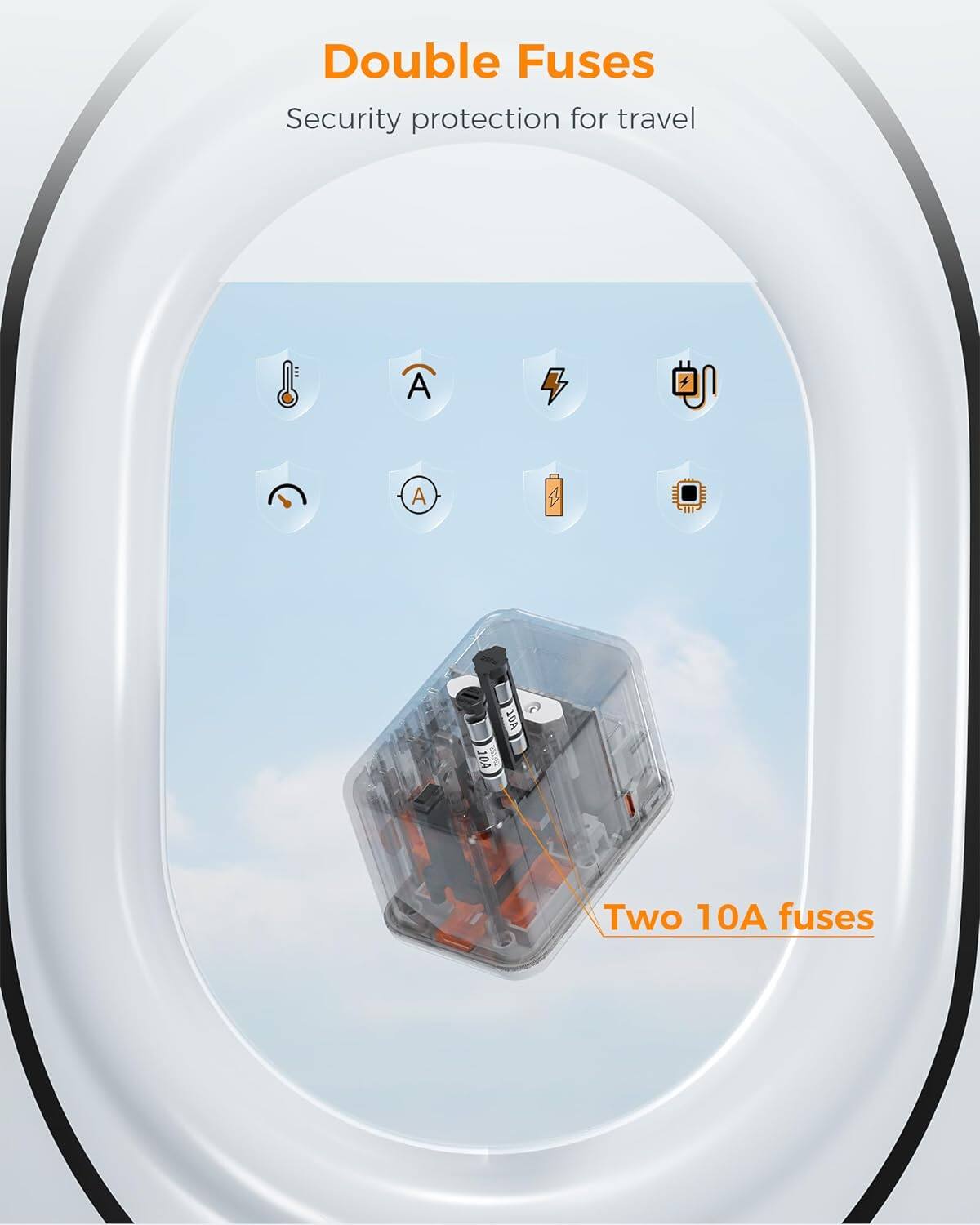 Double Fuses  
Security protection for travel  

Two 10A fuses