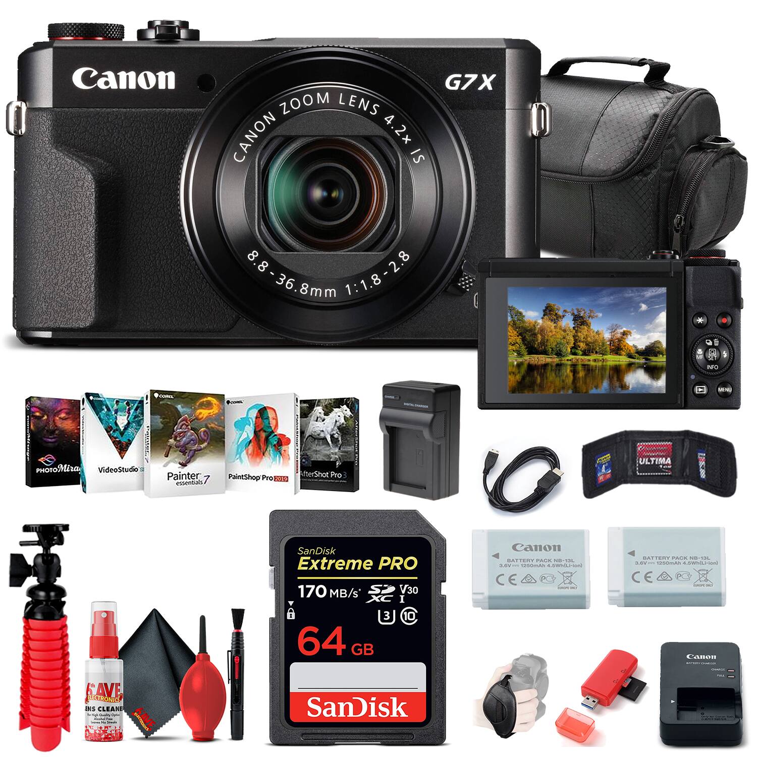 Canon G7X
Canon Zoom Lens 4.2x IS 8.8-36.8mm 1:1.8-2.8
SanDisk Extreme PRO 64 GB 170 MB/s V30
Canon Battery Pack
Ultima Battery Pack
PhotoMixer
VideoStudio
Painter 7 Essentials
PaintShop Pro
AfterShot Pro
Ultima
SanDisk
SAVE INS CLEANER
Canon USB Cable
Canon Lens Cleaning Kit