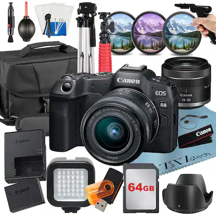 Canon CHARGE F0L Canon 7 1 BATTERY PACK 0A26 129 Canon 2 O8 i EOS Canon 24-50 R8 RF24-50mm LENS F4.5-6.3 CANON IS STM Canon 58mm etech IYZ Reader 64GB Card AI NONE