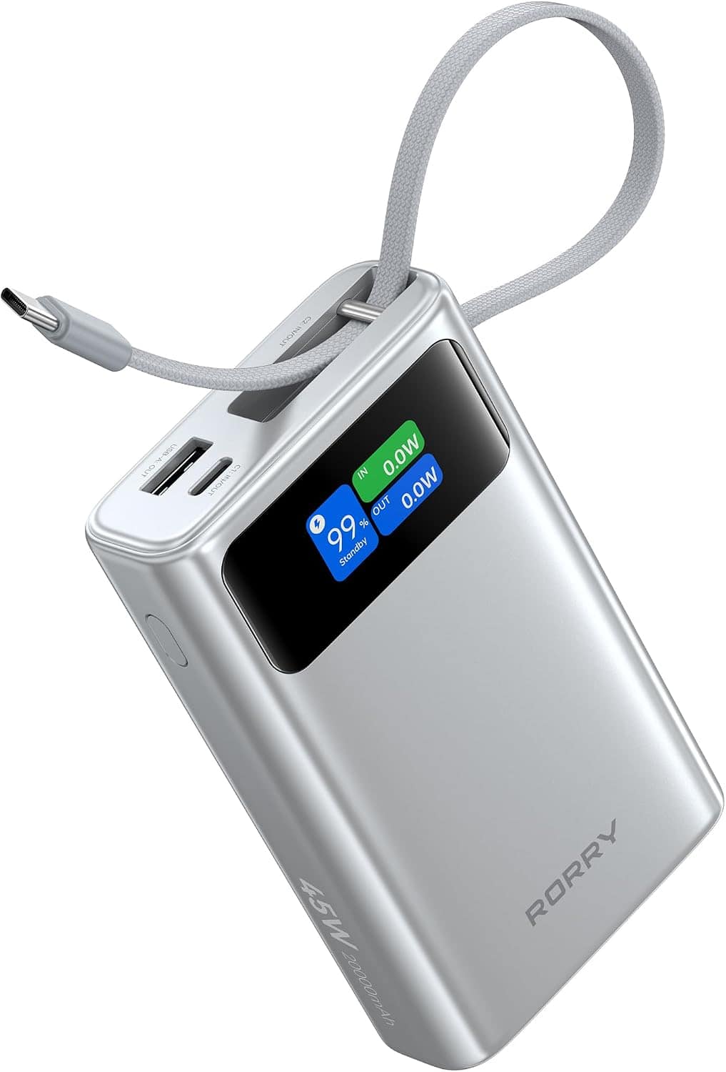 RORRY - 20000mAh 45W Portable Charger with Built-in USB-C Cable, Fast Charging Power Bank with Smart Display - Silver