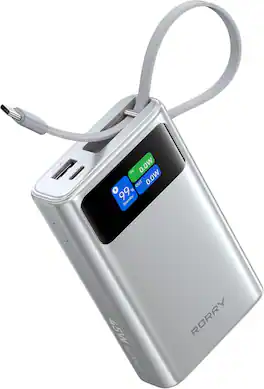 RORRY - 20000mAh 45W Portable Charger with Built-in USB-C Cable, Fast Charging Power Bank with Smart Display - Silver