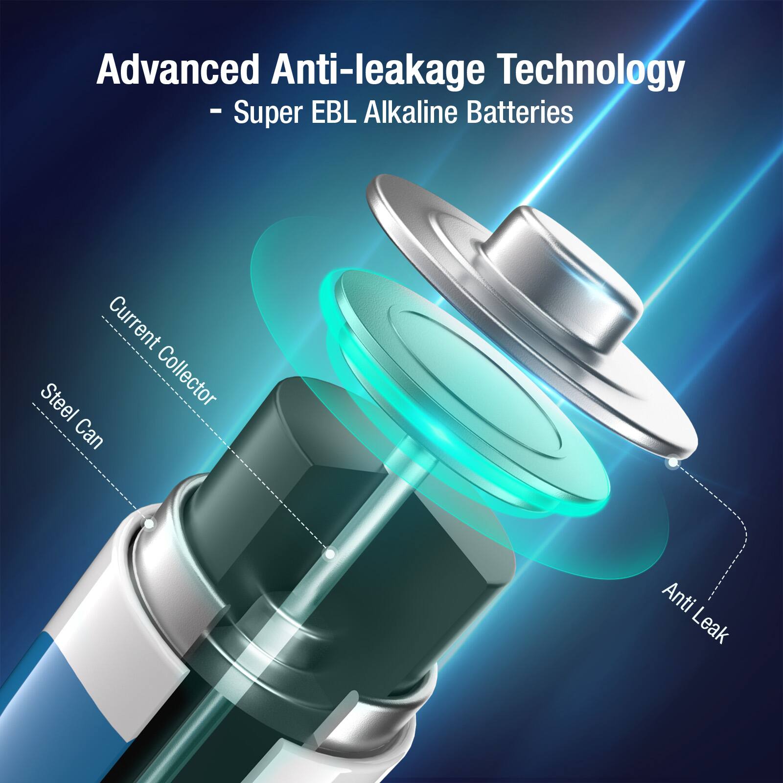 Advanced Anti-leakage Technology  
- Super EBL Alkaline Batteries  

Current Collector  
Steel Can  
Anti Leak