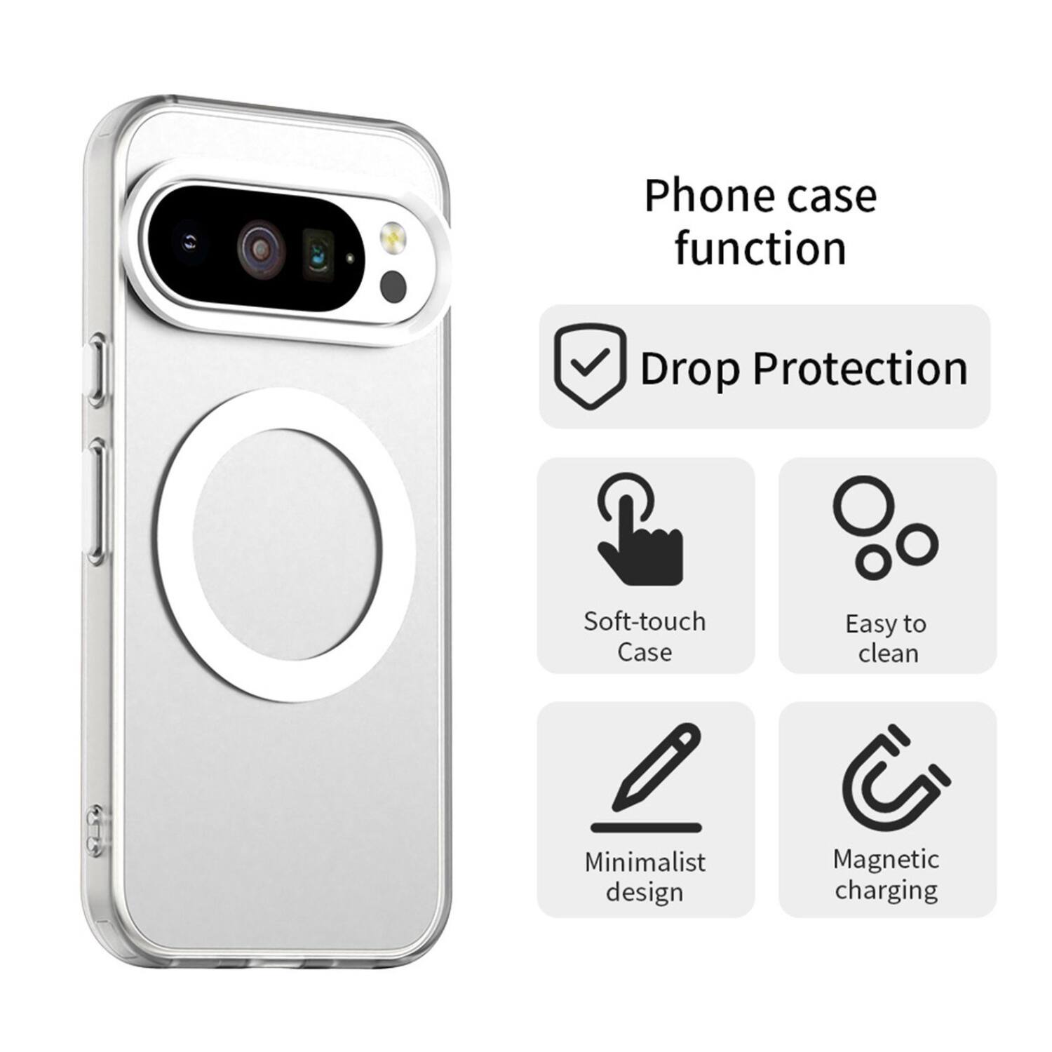 Phone case function

- Drop Protection
- Soft-touch Case
- Easy to clean
- Minimalist design
- Magnetic charging