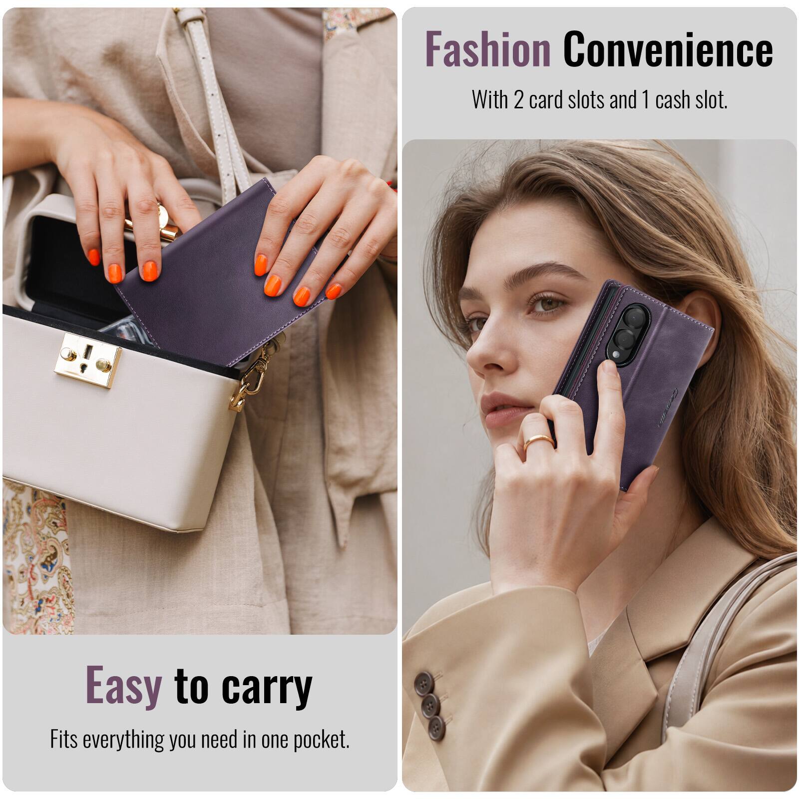 Fashion Convenience  
With 2 card slots and 1 cash slot.  

Easy to carry  
Fits everything you need in one pocket.