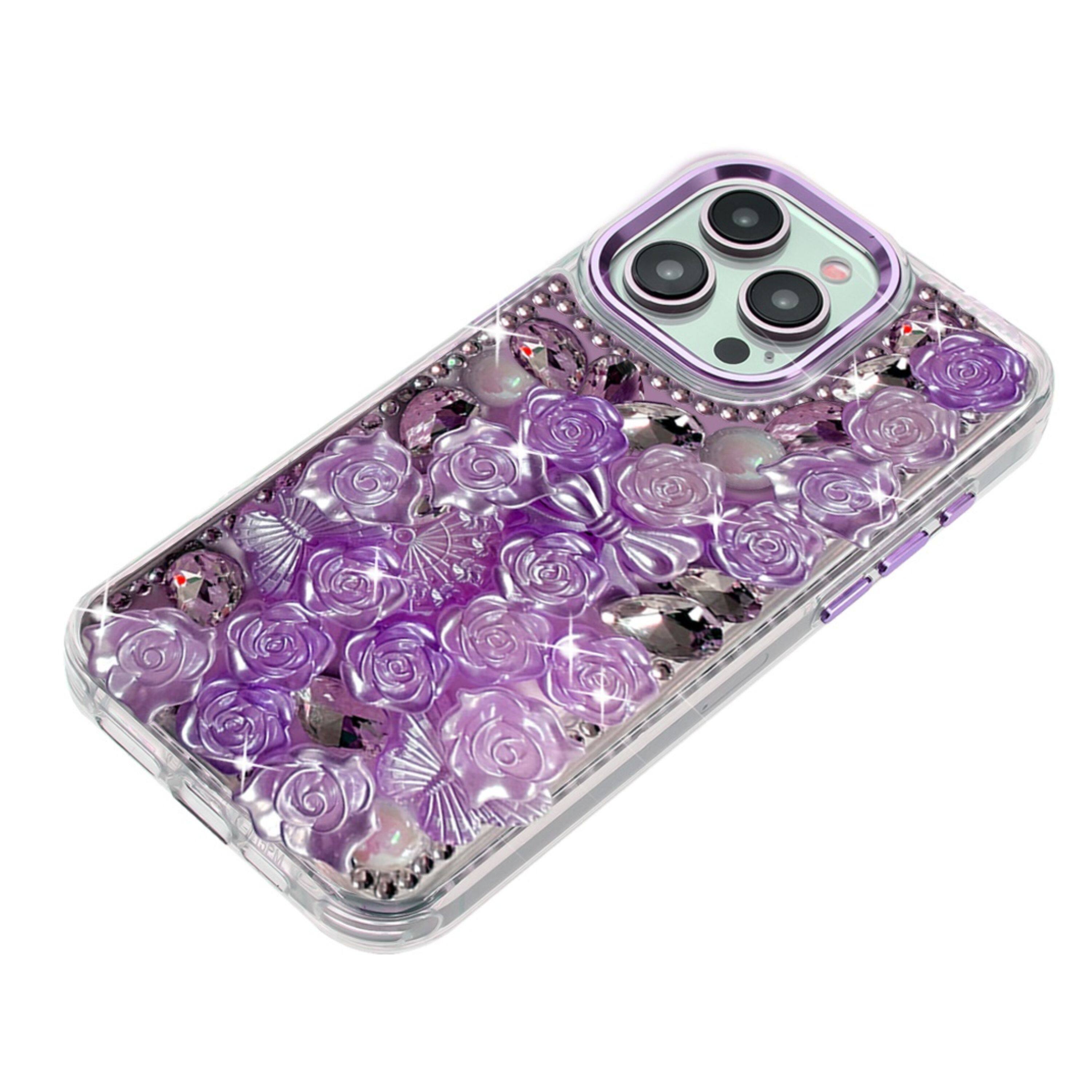 Left. Kitcheniva - 3D Roses Cover Phone Case With 2 Pcs Tempered Glass For iPhone 15 Pro Max Purple - Purple.