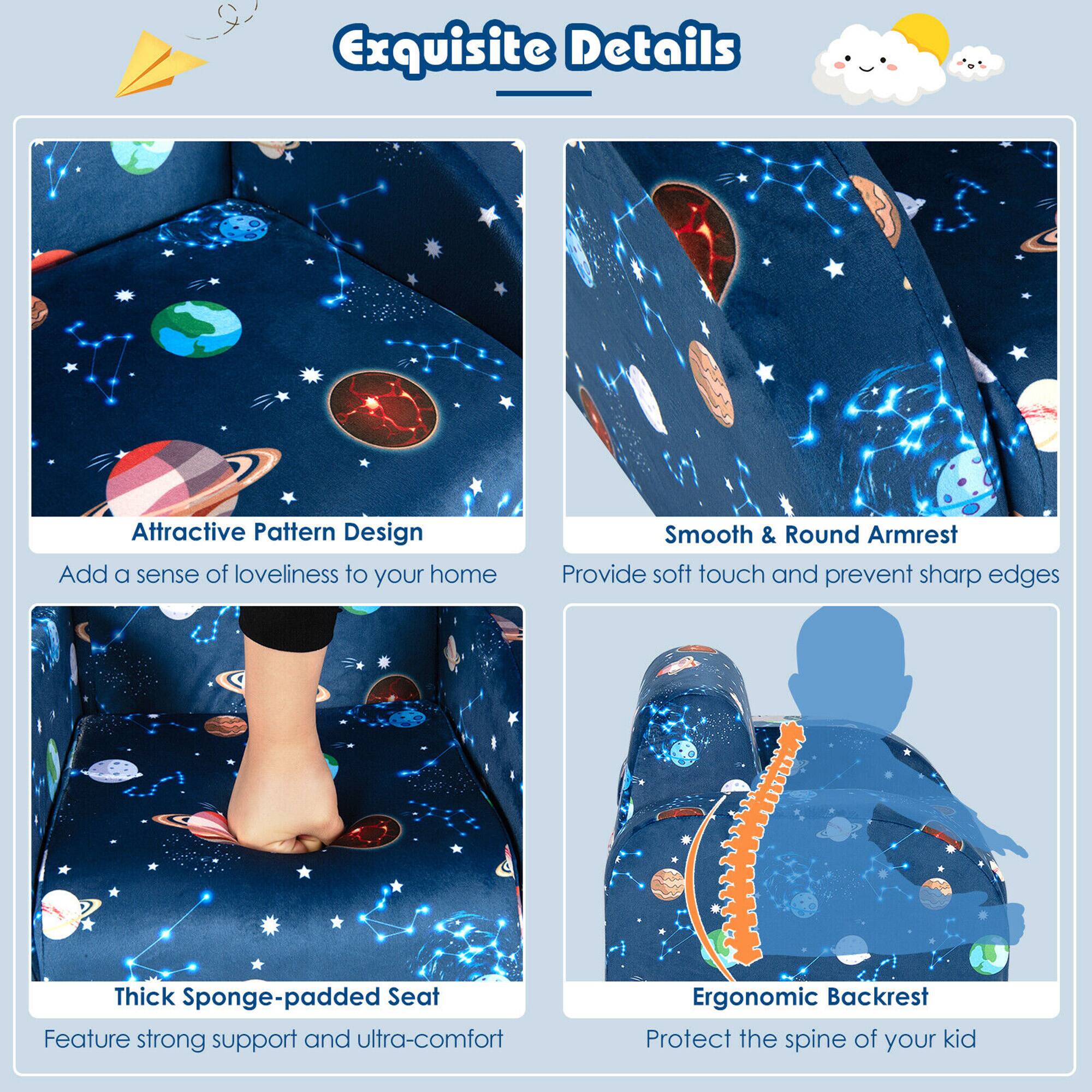 Exquisite Details

- Attractive Pattern Design
  Add a sense of loveliness to your home

- Smooth & Round Armrest
  Provide soft touch and prevent sharp edges

- Thick Sponge-padded Seat
  Feature strong support and ultra-comfort

- Ergonomic Backrest
  Protect the spine of your kid