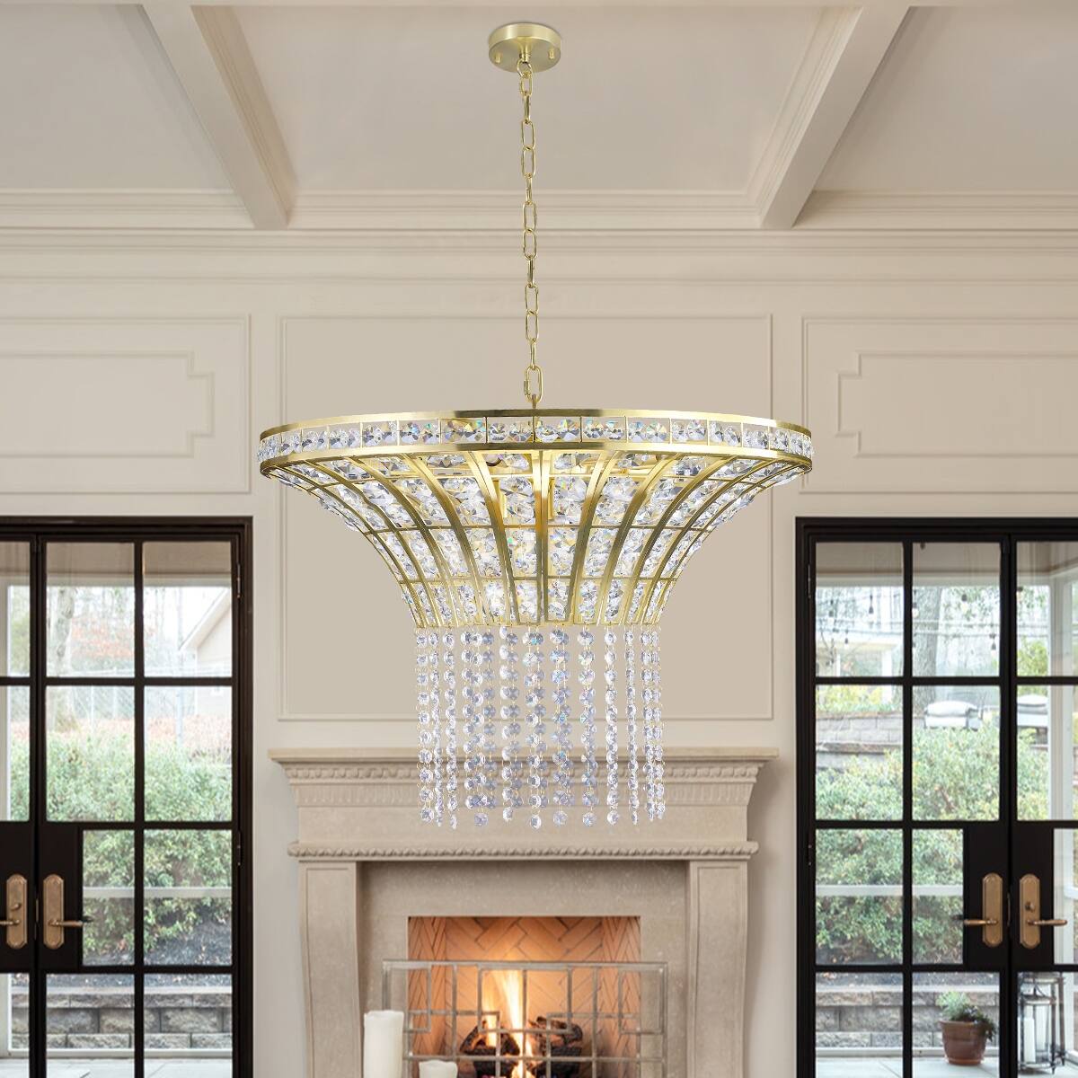 Back. Loheer - Loheer 8-Light Crystal Waterfall Chandelier, Modern Living Room Lighting, Adjustable Height, Gold Finish.