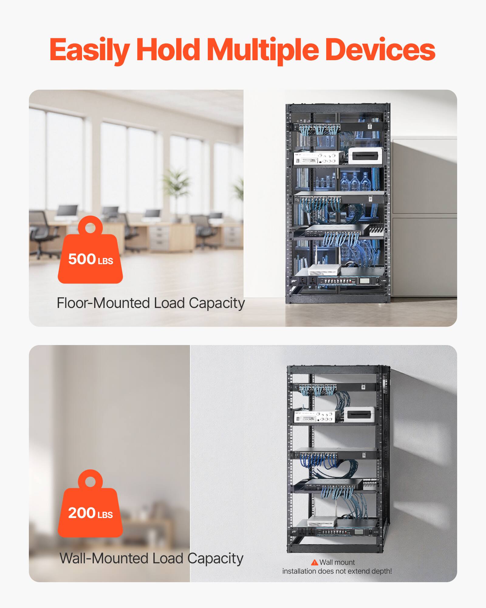 Easily Hold Multiple Devices

500 LBS  
Floor-Mounted Load Capacity

200 LBS  
Wall-Mounted Load Capacity

Wall mount installation does not extend depth!