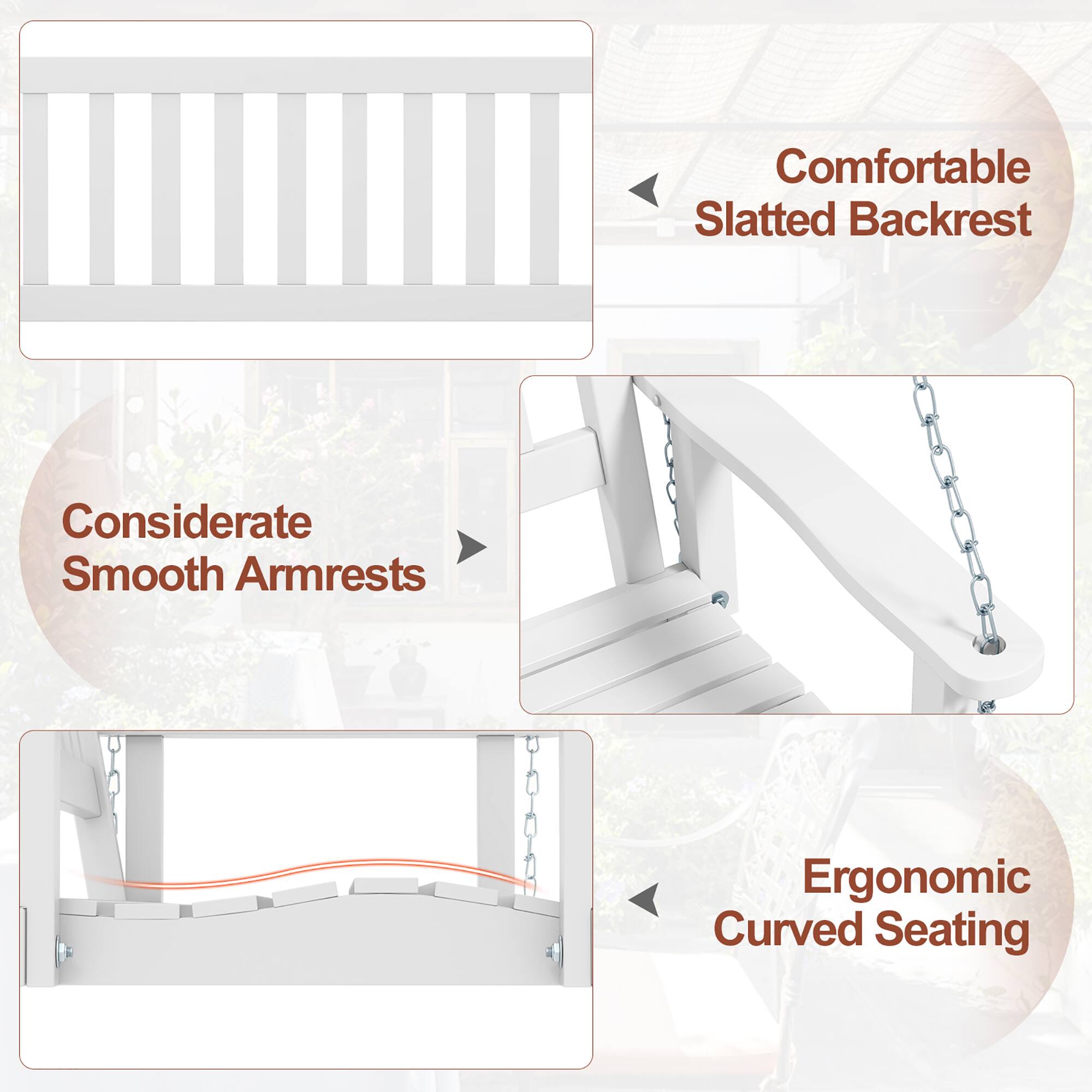 Comfortable Slatted Backrest  
Considerate Smooth Armrests  
Ergonomic Curved Seating