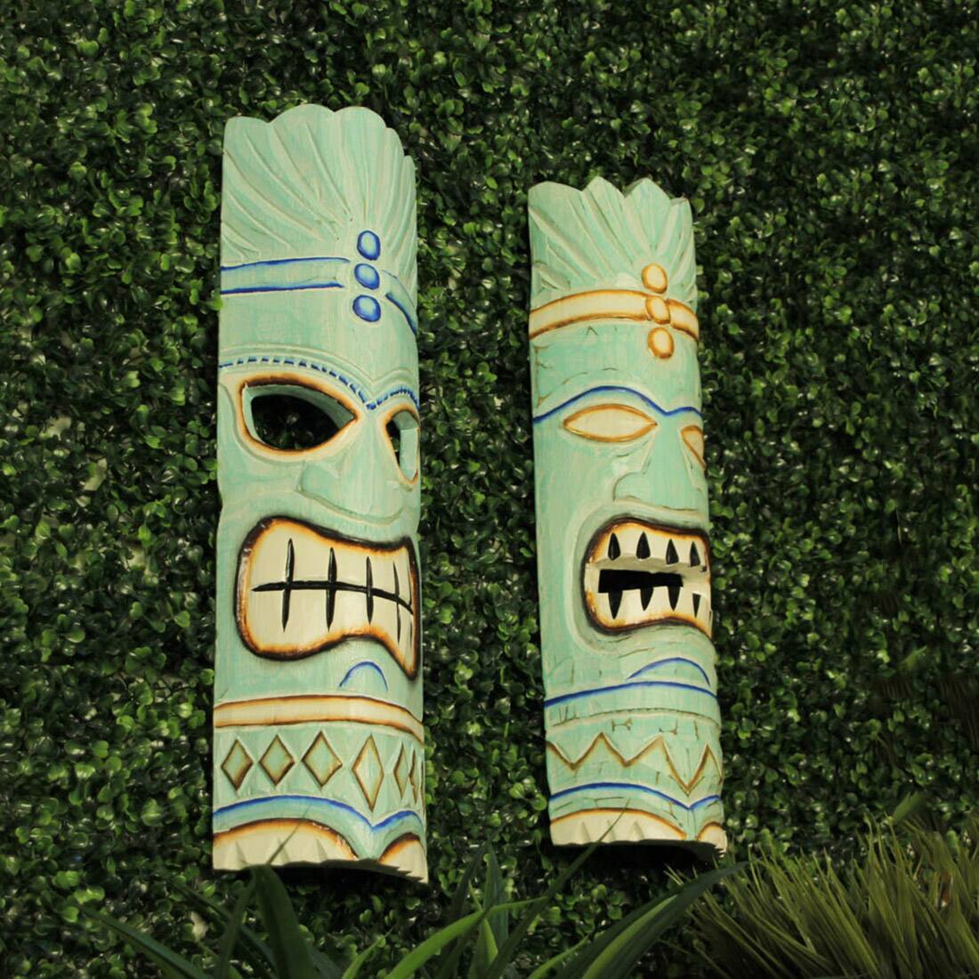 Alt View 5. Things2Die4 - Handcrafted Aqua Blue Traditional Polynesian Style Wooden Tiki Mask Wall Hangings – 20 Inches High - Set of 2 - Blue.