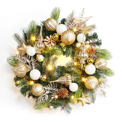 Front. Jojoka - 24 Inch Lighted Christmas Wreath Pre-Lit Christmas Wreath for Grand Entryway and Entrance Displays - Green.