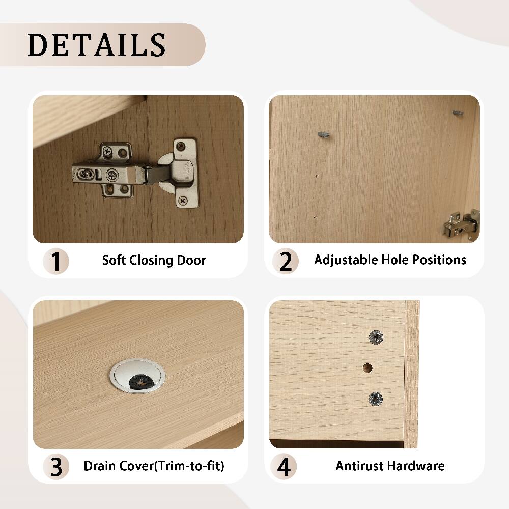 DETAILS
1. Soft Closing Door
2. Adjustable Hole Positions
3. Drain Cover (Trim-to-fit)
4. Antirust Hardware