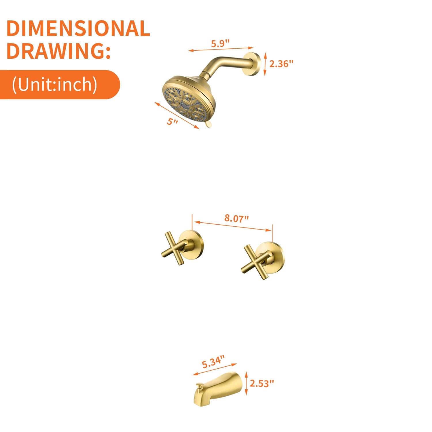 DIMENSIONAL DRAWING:  
(Unit: inch)  
- 5.9"  
- 2.36"  
- 5"  
- 8.07"  
- 5.34"  
- 2.53"