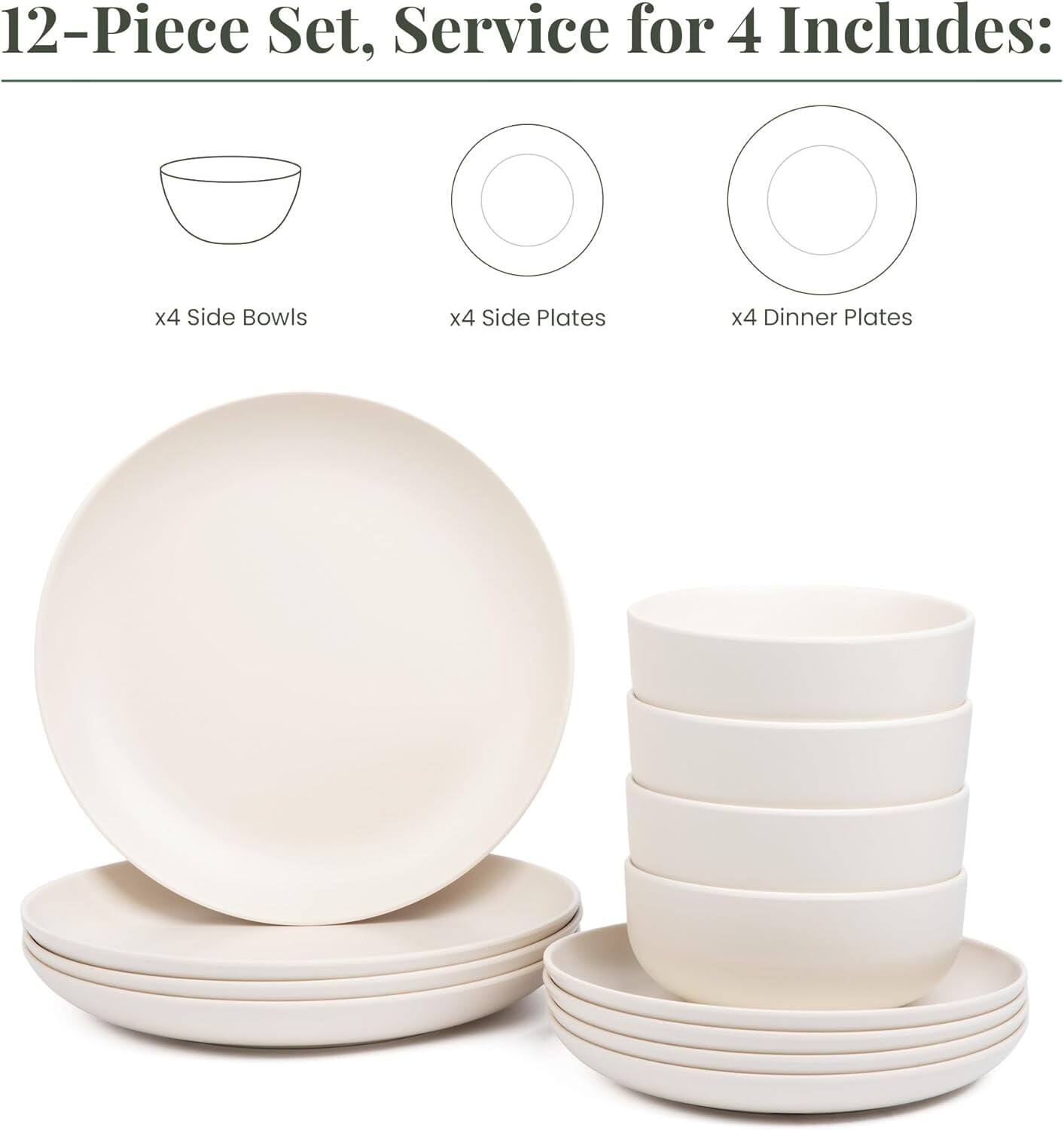 12-Piece Set, Service for 4 Includes:  
- x4 Side Bowls  
- x4 Side Plates  
- x4 Dinner Plates