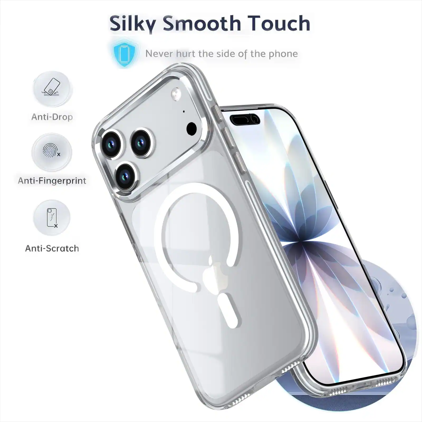 Silky Smooth Touch  
Never hurt the side of the phone  
Anti-Drop  
Anti-Fingerprint  
Anti-Scratch