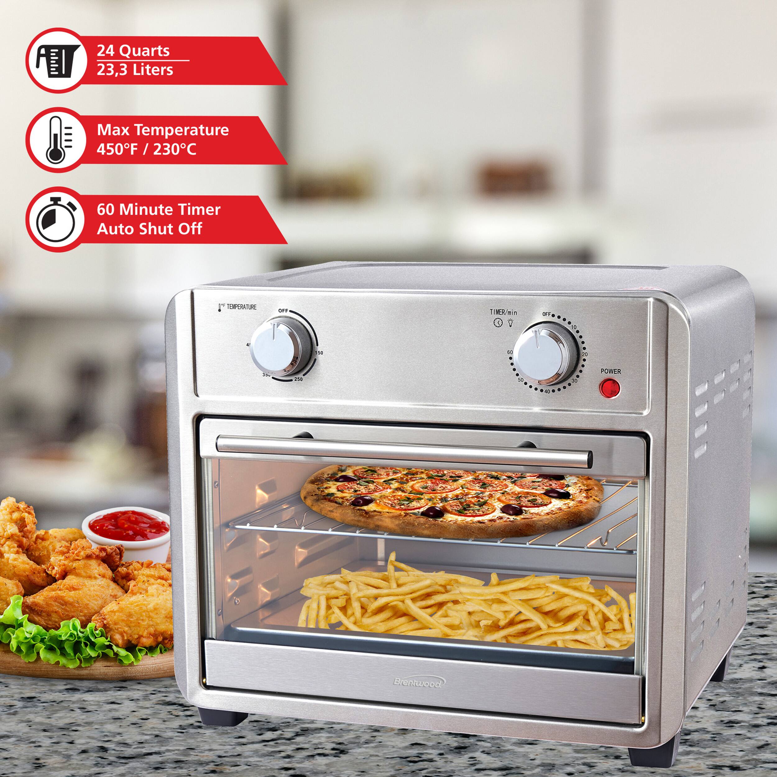 24 Quarts  
23.3 Liters  
Max Temperature 450°F / 230°C  
60 Minute Timer Auto Shut Off  

Brentwood
