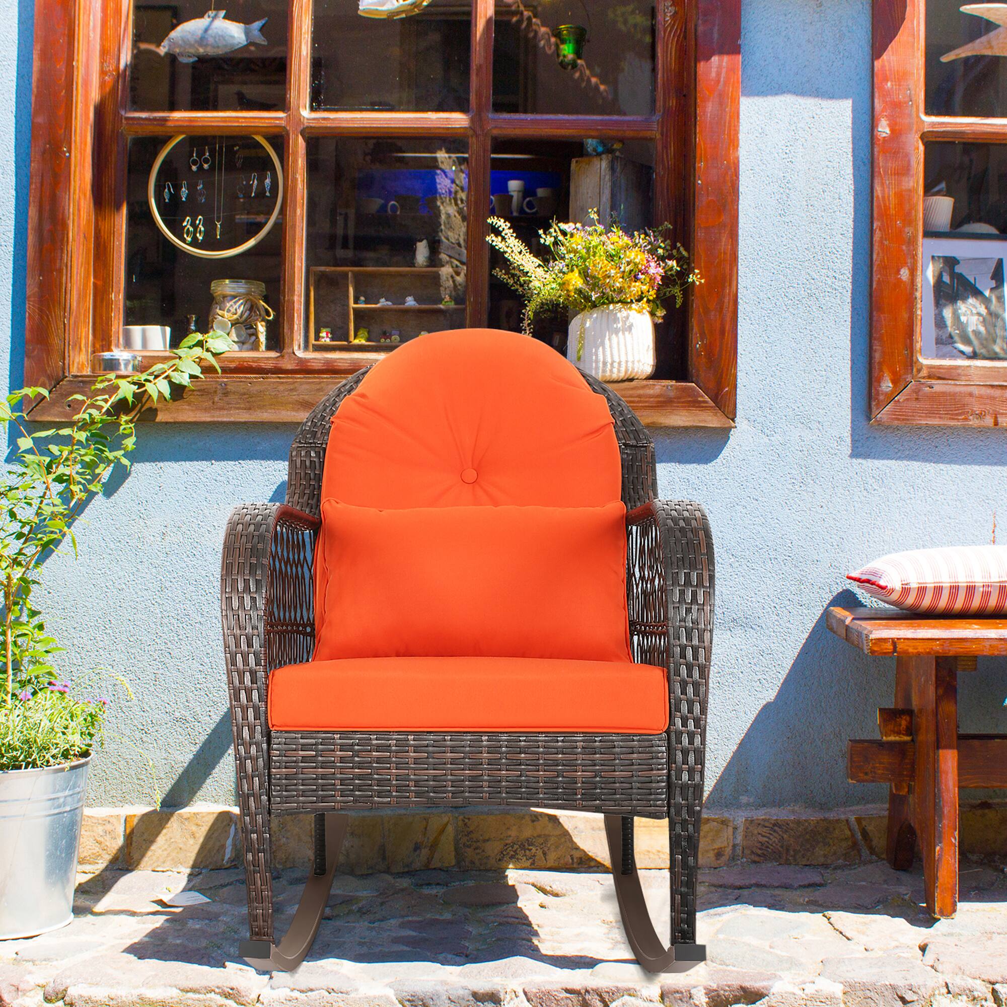 Alt View 2. Gymax - Gymax Patio Rattan Wicker Rocking Chair Porch Deck Rocker Outdoor Furniture W/ Cushion - Orange.