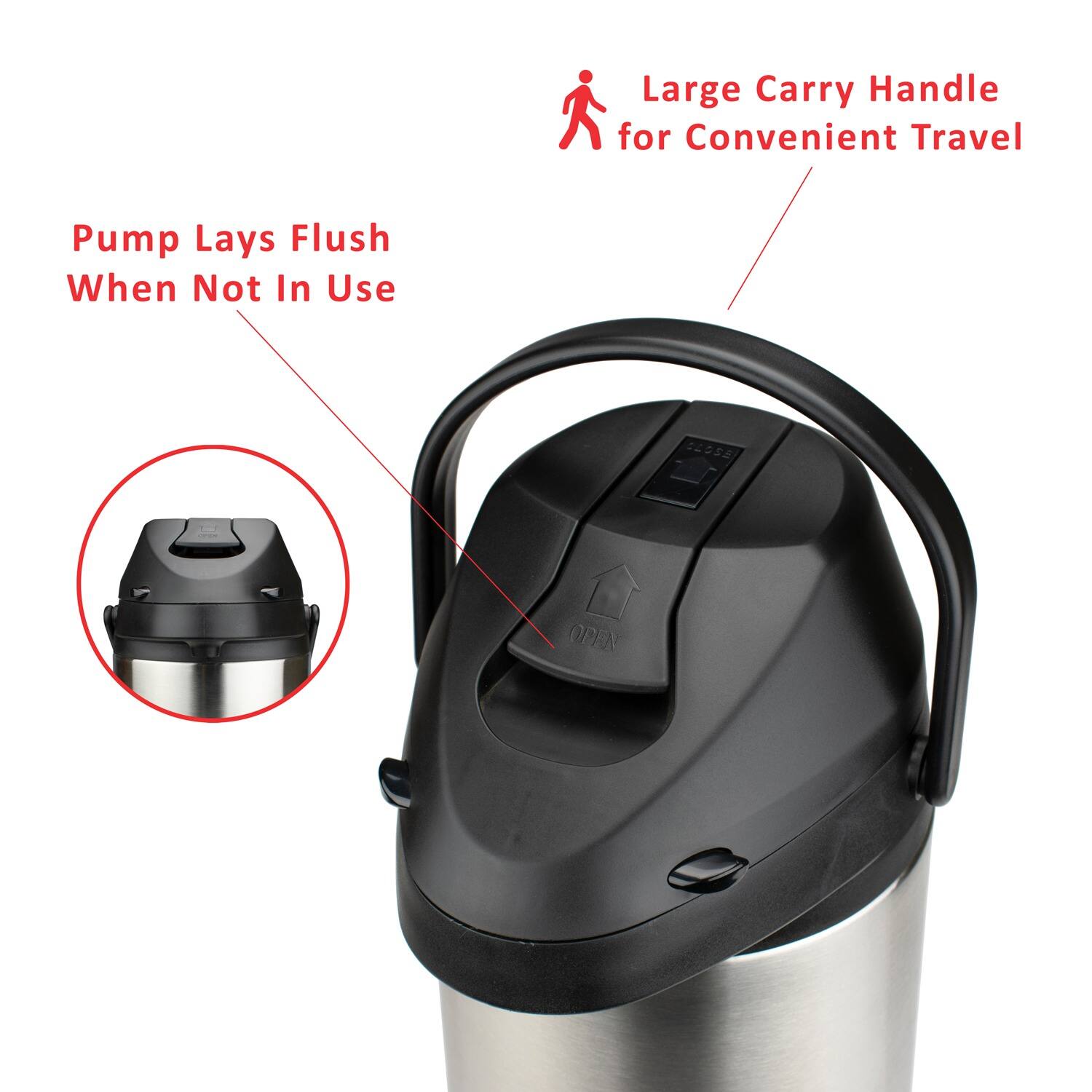 Large Carry Handle for Convenient Travel

Pump Lays Flush When Not In Use