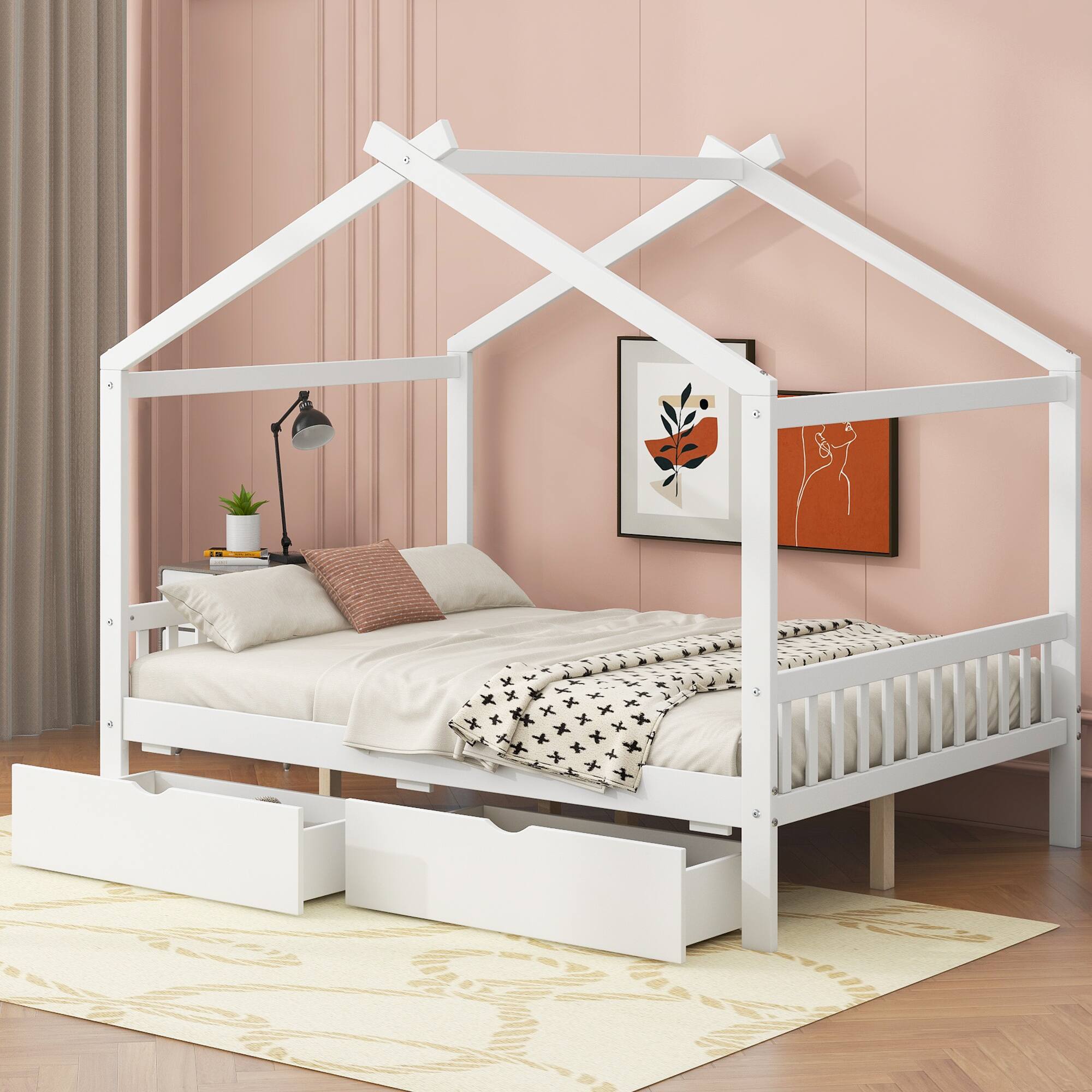 Front. APRILSOUL - Full Size House Platform Bed with Two DrawersHeadboard and FootboardRoof DesignWhite - White.
