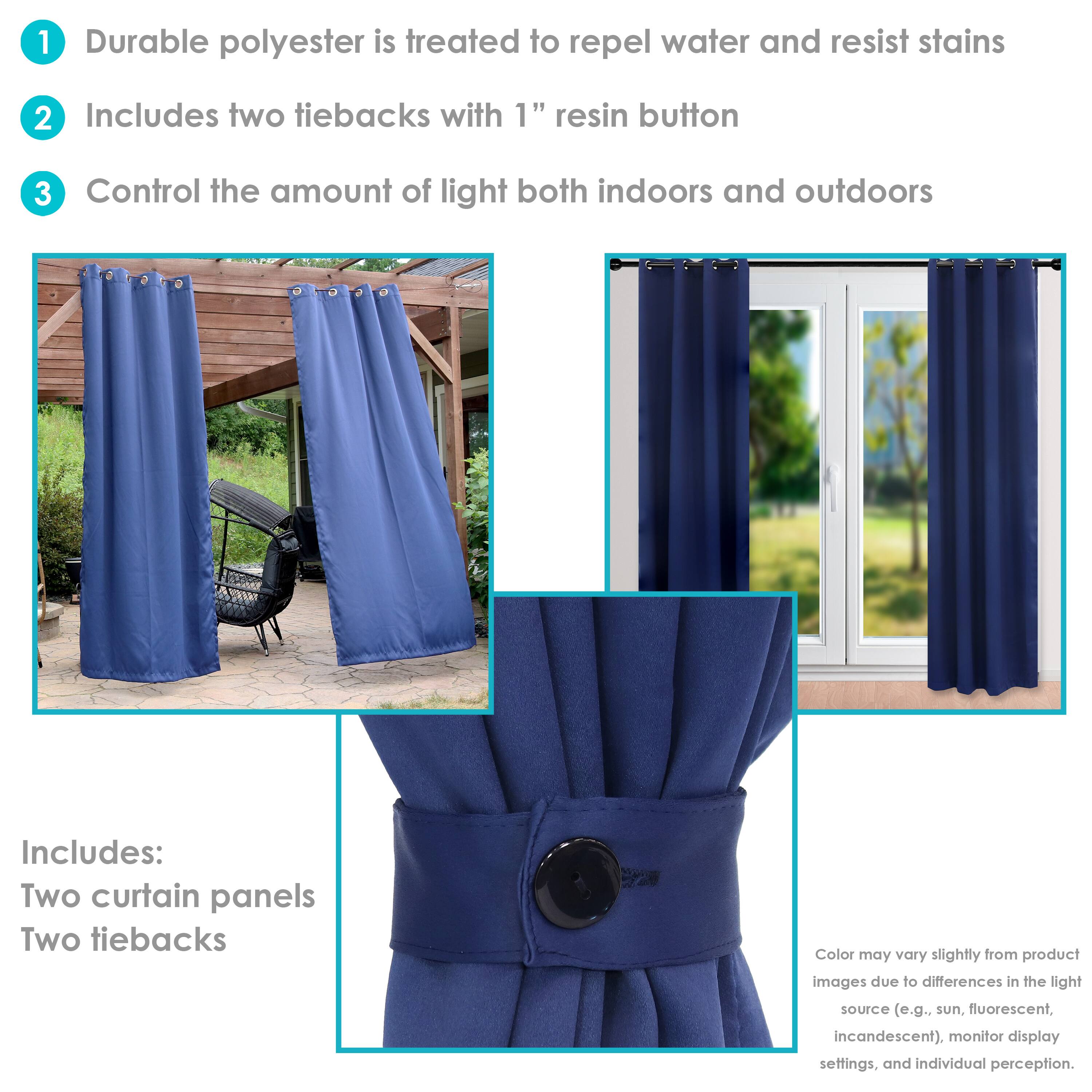 1. Durable polyester is treated to repel water and resist stains.
2. Includes two tiebacks with 1" resin button.
3. Control the amount of light both indoors and outdoors.

Includes:
- Two curtain panels
- Two tiebacks

Color may vary slightly from product images due to differences in the light source (e.g., sun, fluorescent, incandescent), monitor display settings, and individual perception.