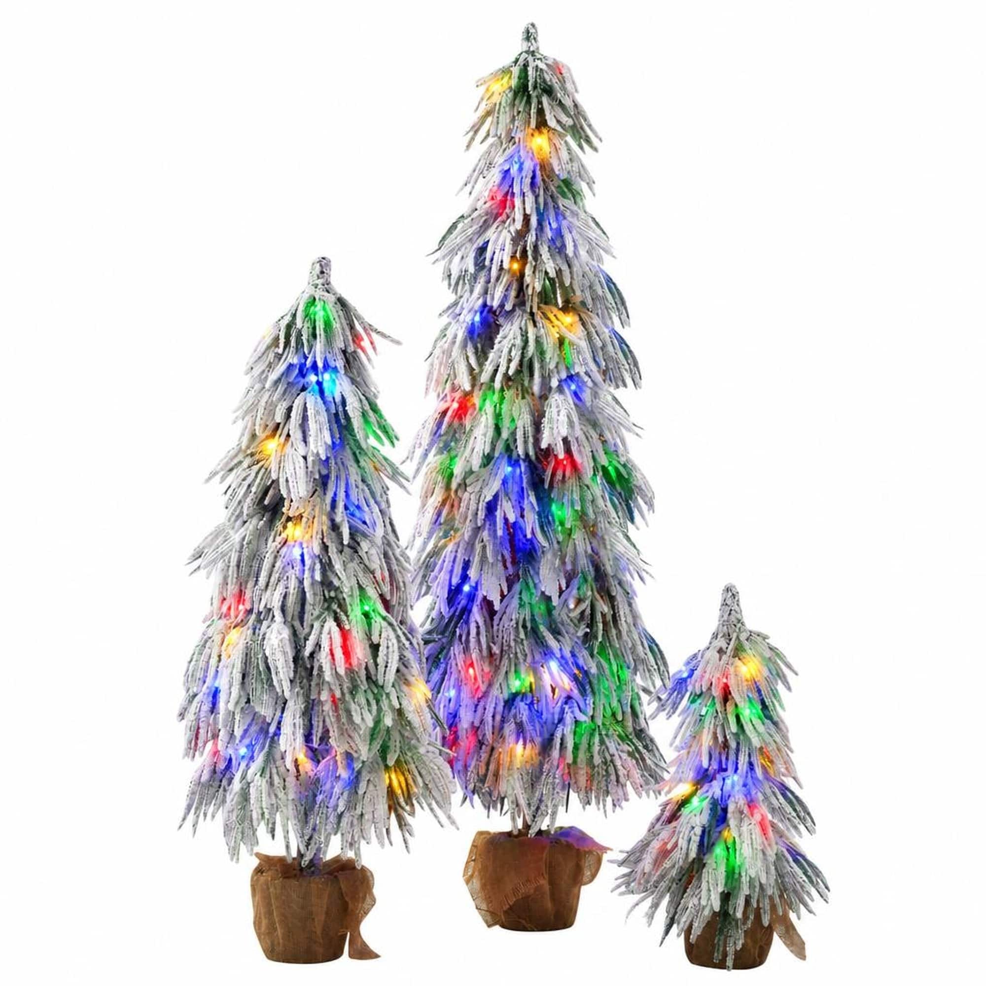 RYHNUYNE - 3-Piece Pre-Lit Flocked Christmas Tree Set With 3FT 4.5FT 6FT Trees and 235 Warm White Multi-Color LED Lights - Green,White
