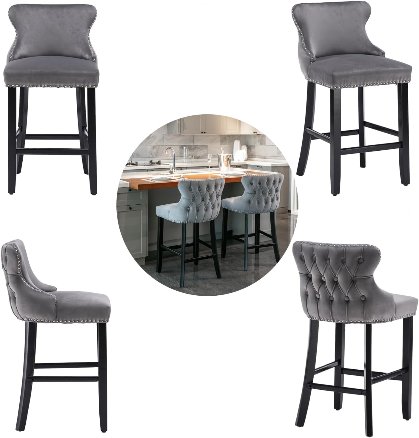 Alt View 5. Trinkets Crazed - Contemporary Velvet Upholstered Wing-Back Barstools with Button Tufted Decoration and Wooden Legs - gray.