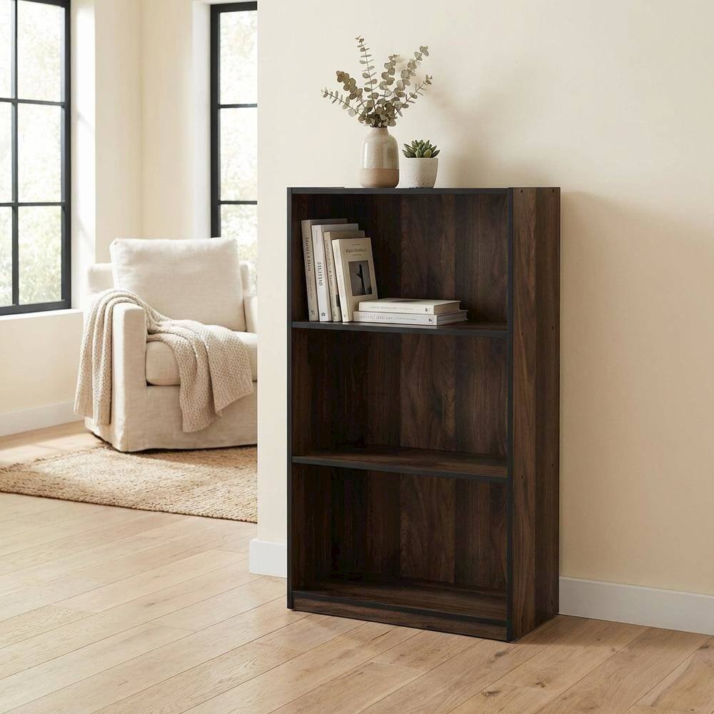 Left. FurniFact - Wood 3-Tier Bookcase with Storage Shelves in Walnut and Black Finish - Columbia Walnut/Black.