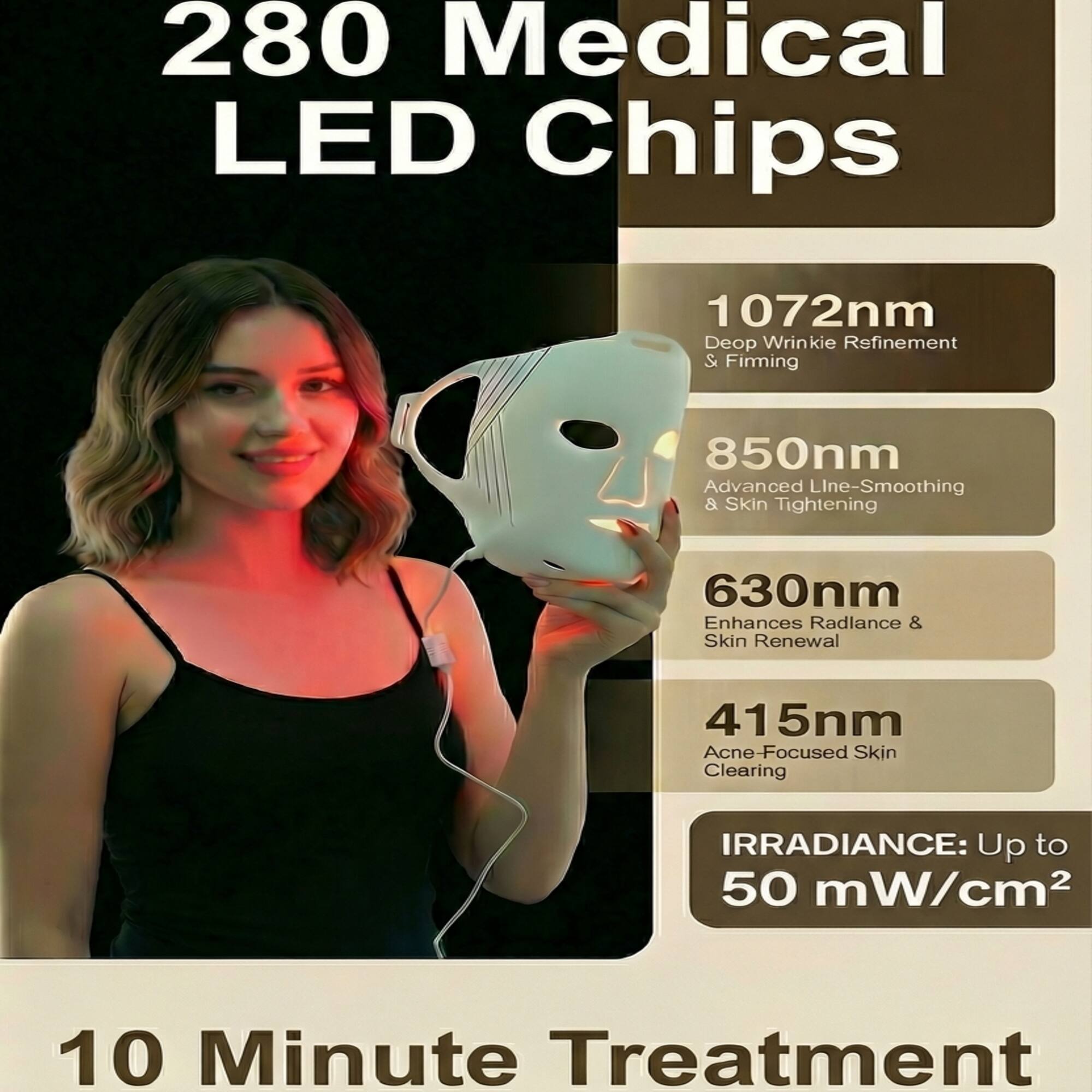 280 Medical LED Chips

1072nm  
Deep Wrinkle Refinement & Firming

850nm  
Advanced Line-Smoothing & Skin Tightening

630nm  
Enhances Radiance & Skin Renewal

415nm  
Acne-Focused Skin Clearing

IRRADIANCE: Up to 50 mW/cm²

10 Minute Treatment