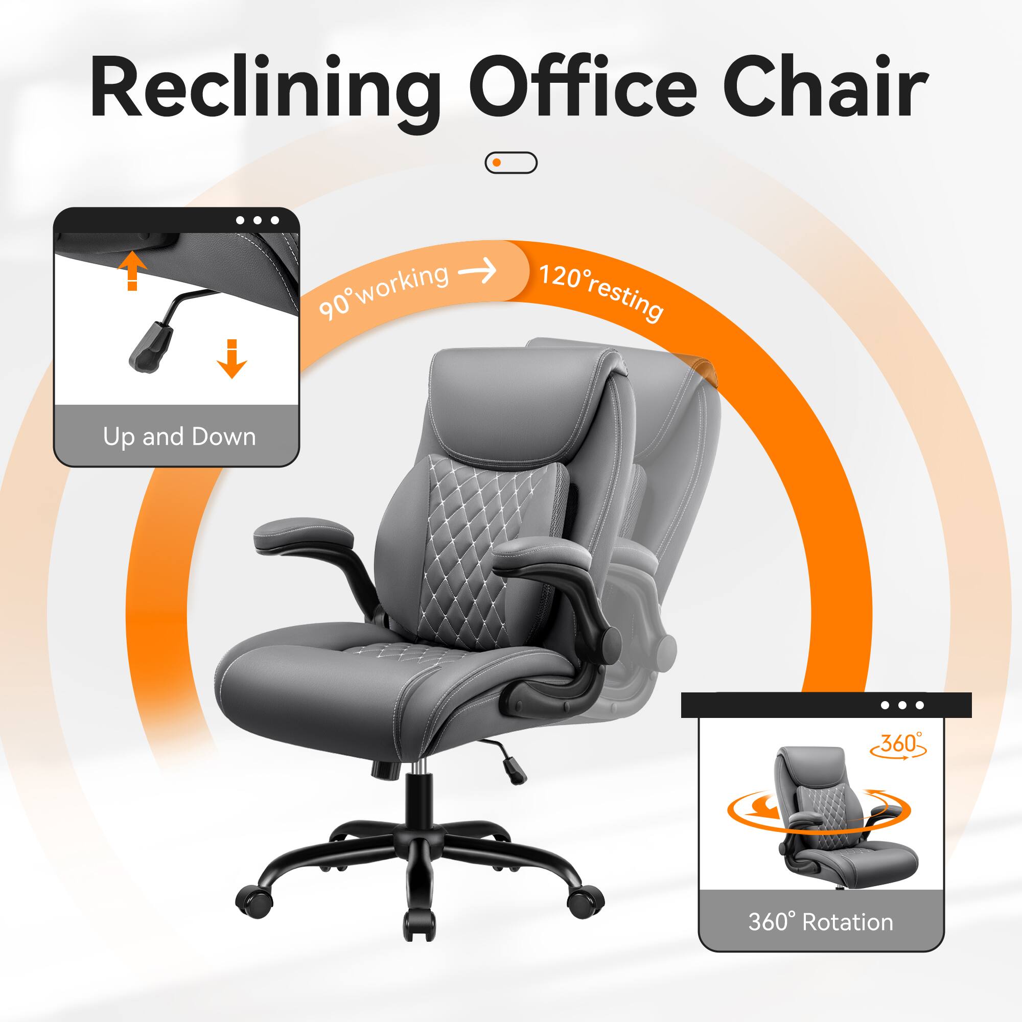 Reclining Office Chair

- 90° working
- 120° resting
- Up and Down
- 360° Rotation