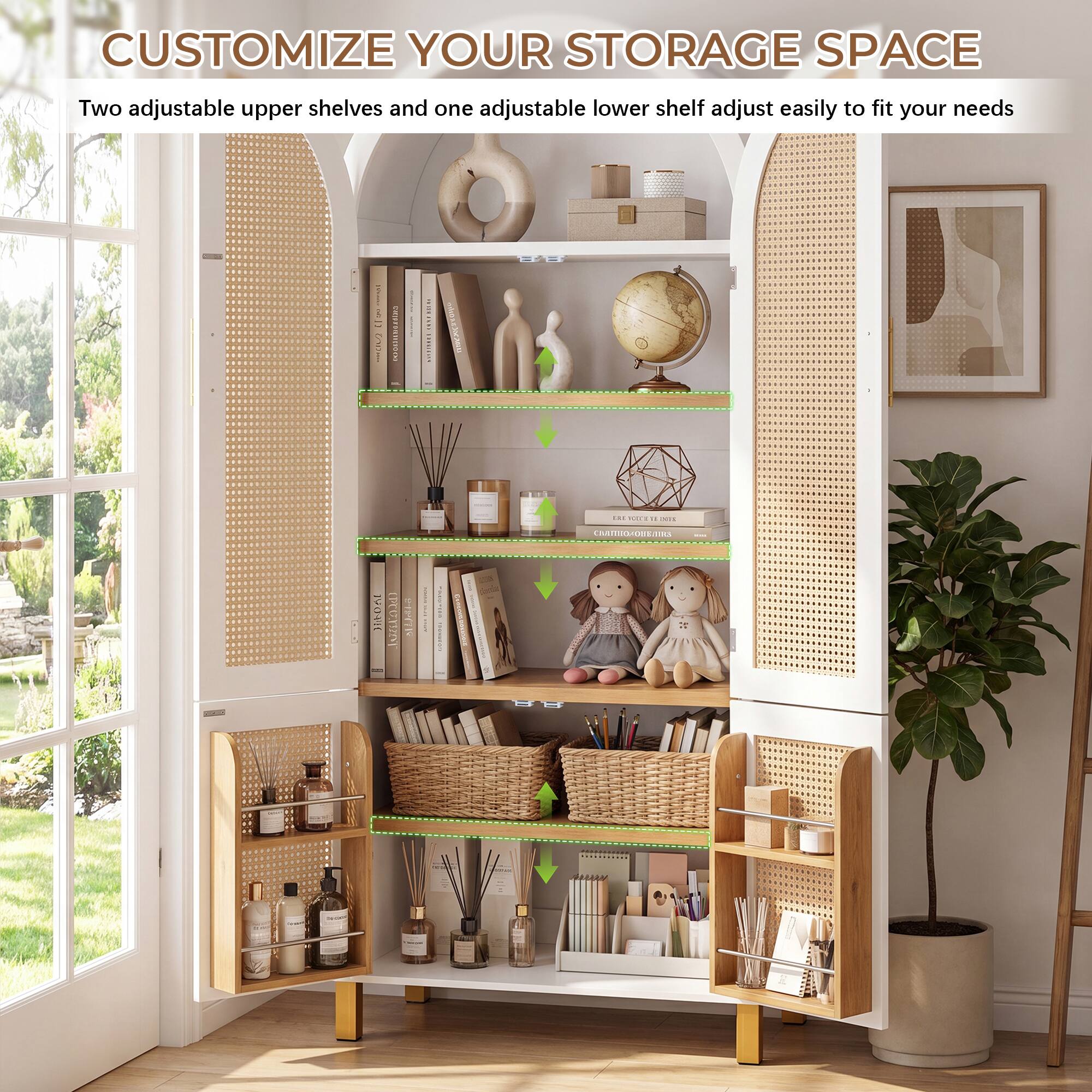 CUSTOMIZE YOUR STORAGE SPACE

Two adjustable upper shelves and one adjustable lower shelf adjust easily to fit your needs