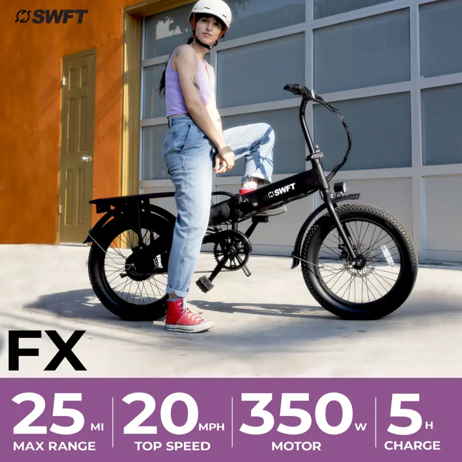 SS SWFT C SWFT FX 25 MI 20 MPH 350 W 5 H MAX RANGE TOP SPEED MOTOR CHARGE