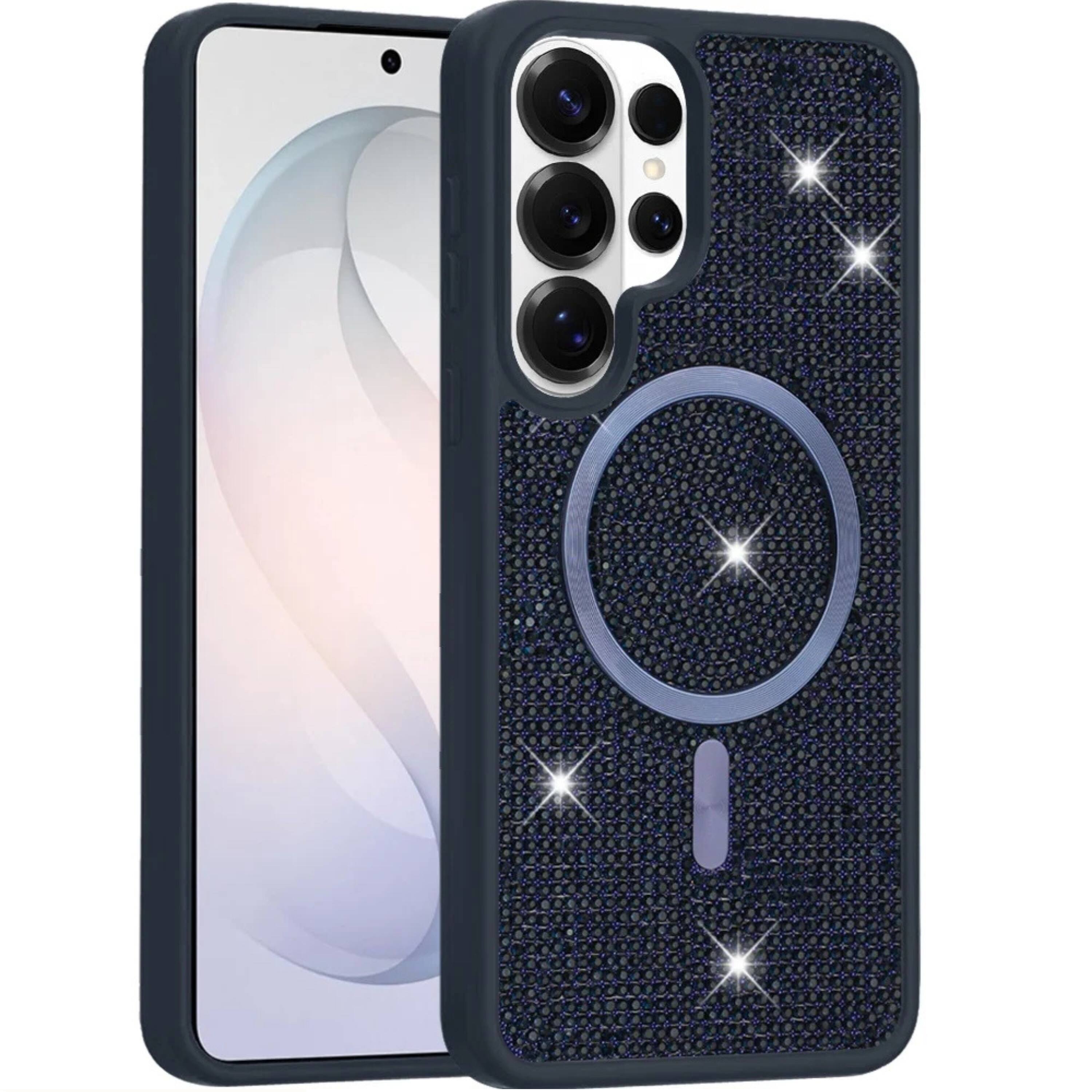 Angle. Kitcheniva - Full Bling Dazzle Magnetic Circle Phone Case With Tempered Glass For Samsung Galaxy S26 Ultra Blue - Blue.