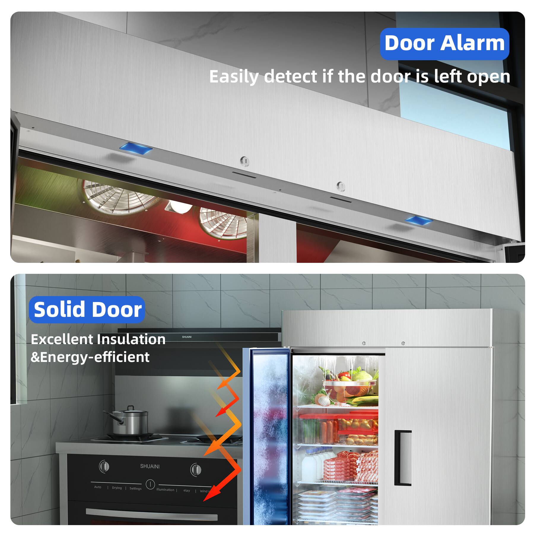 Door Alarm  
Easily detect if the door is left open  

Solid Door  
Excellent Insulation & Energy-efficient  

SHUAINI  
Auto | Drying | Settings  
Aroma | Dry | Speed