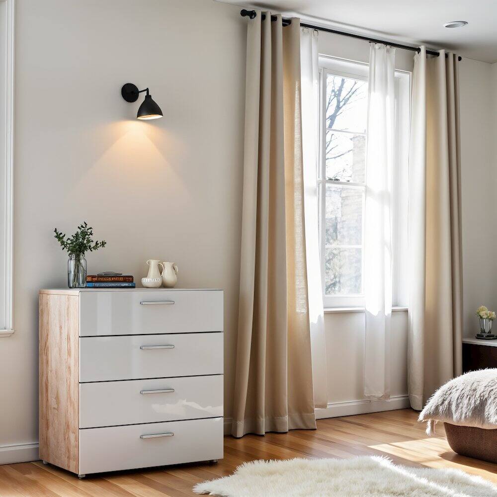 Alt View 1. FurniFact - White Wooden Dresser - 4 Drawer Bedroom Furniture for Storage and Organization - Oak Structure/White High Gloss.