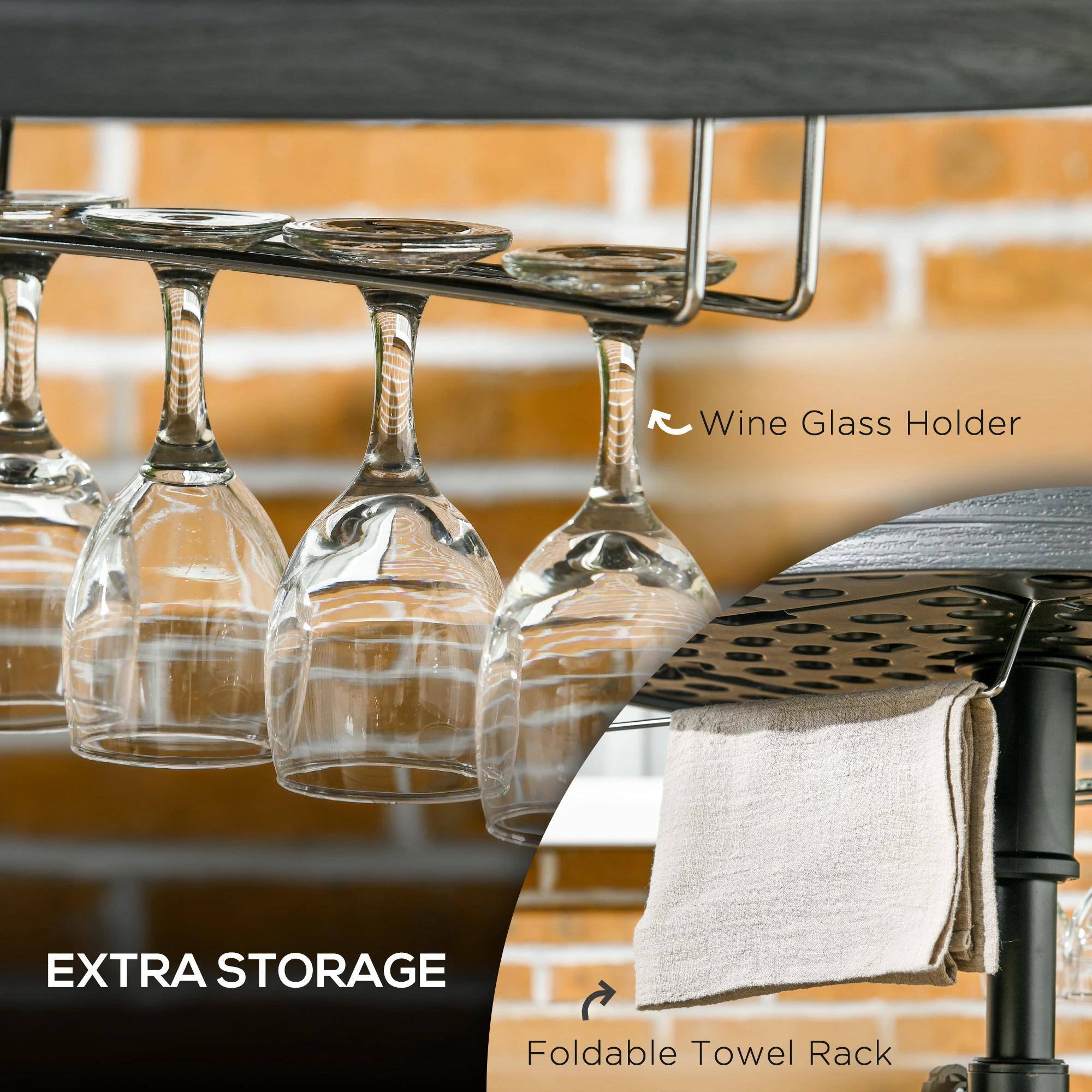 - Wine Glass Holder
- EXTRA STORAGE
- Foldable Towel Rack