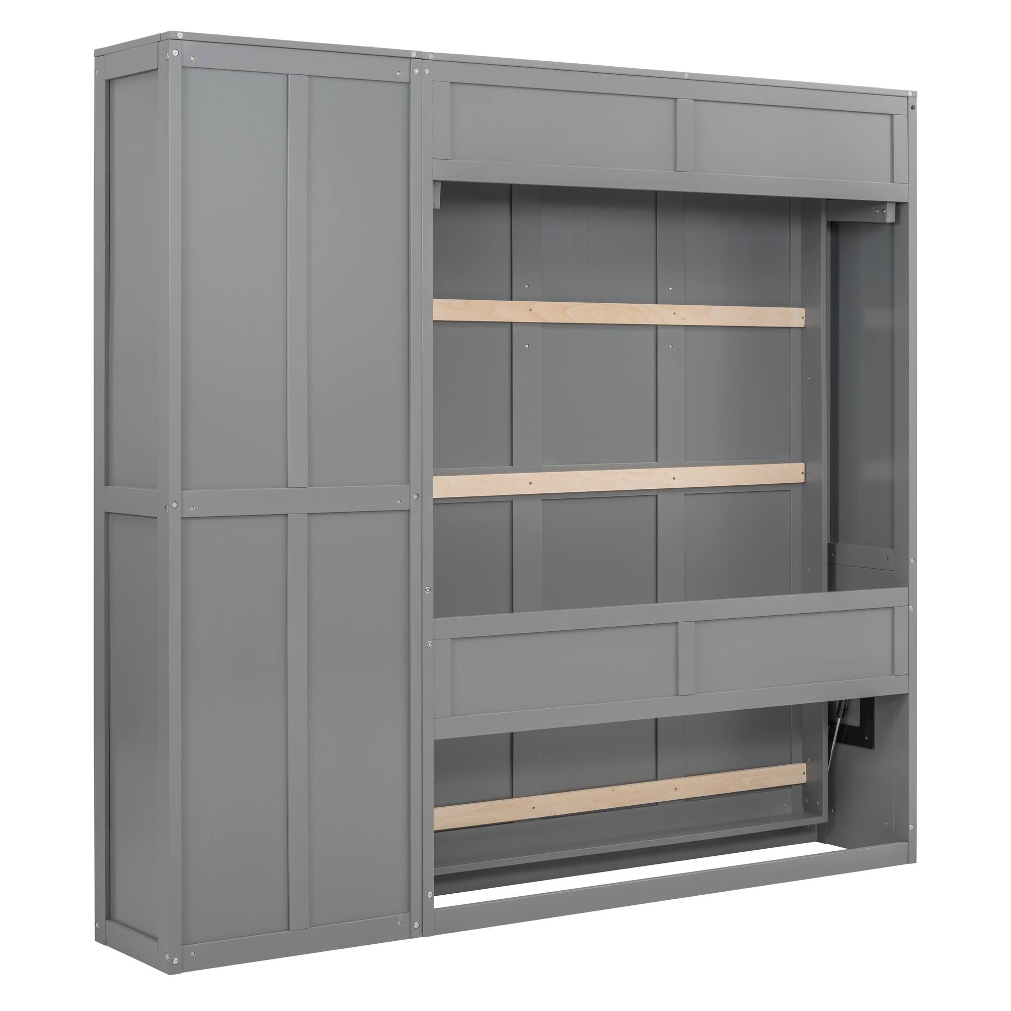 Alt View 7. Tiramisubest - Full Size Gray Murphy Wall Bed with Shelves, Solid Wood+MDF, Space-Saving - Gray.