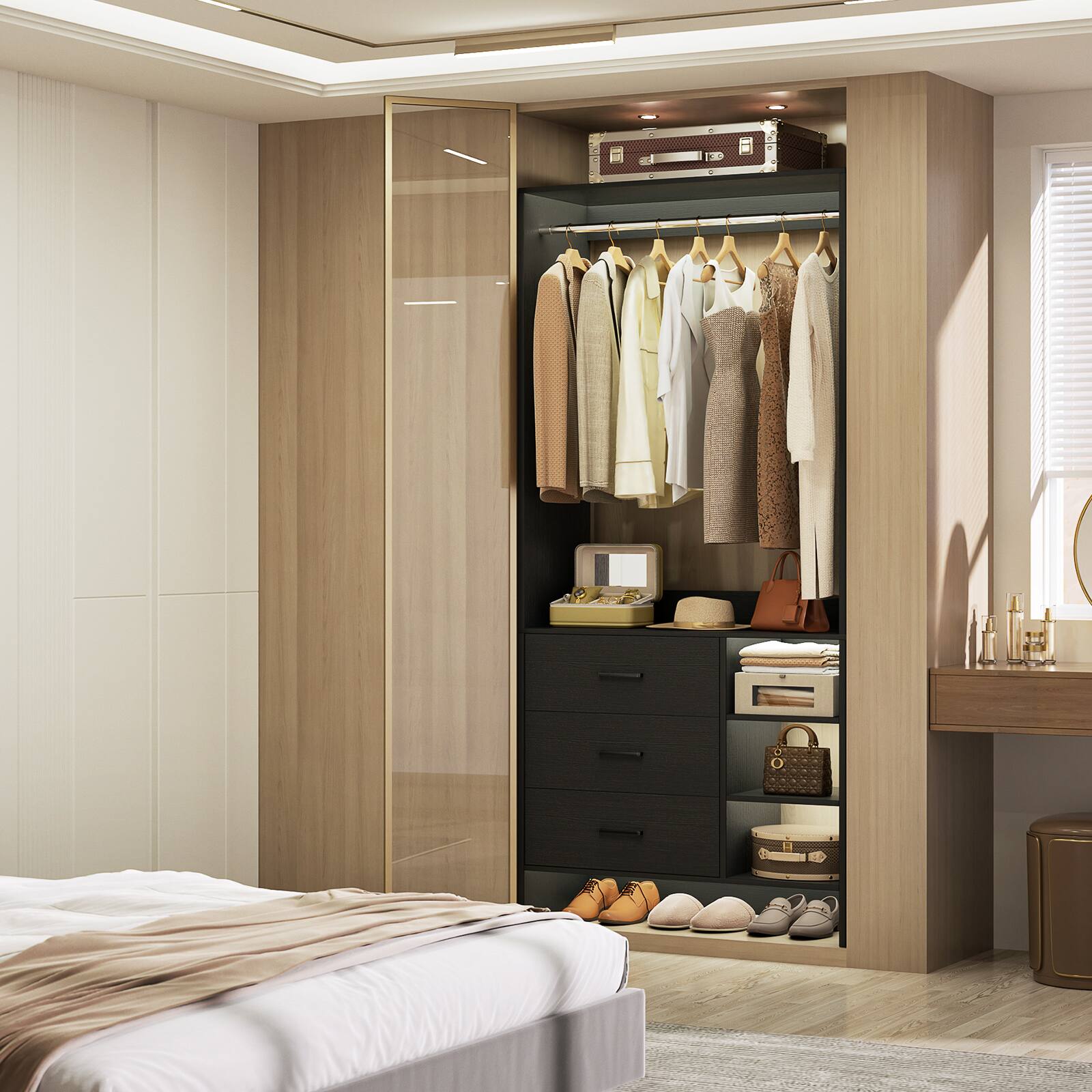 Alt View 4. Aheaplus - 2.5FT Closet System with 3 Drawers, 29.6'' Closet Organizer with Hanging Rod and Shelves - Black.