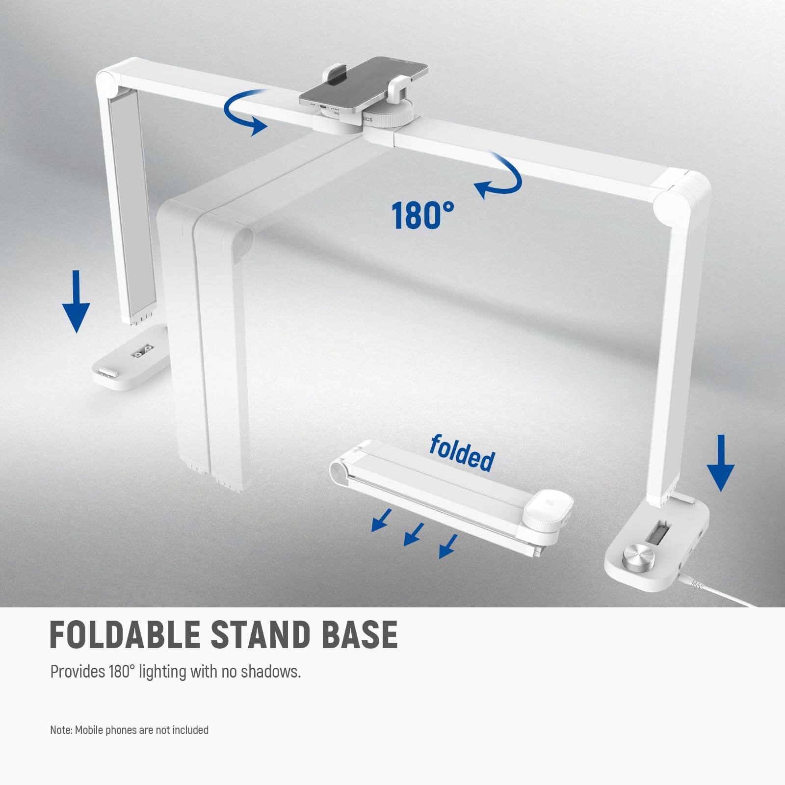 180° S21 SES Folded FOLDABLE STAND BASE  
Provides 180° lighting with no shadows.  
Note: Mobile phones are not included