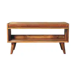 Artisan Furniture - Solid Wood Oak-ish Bench with Tan Leather Seatpad, Upholstered, 1 Open Slot - Brown