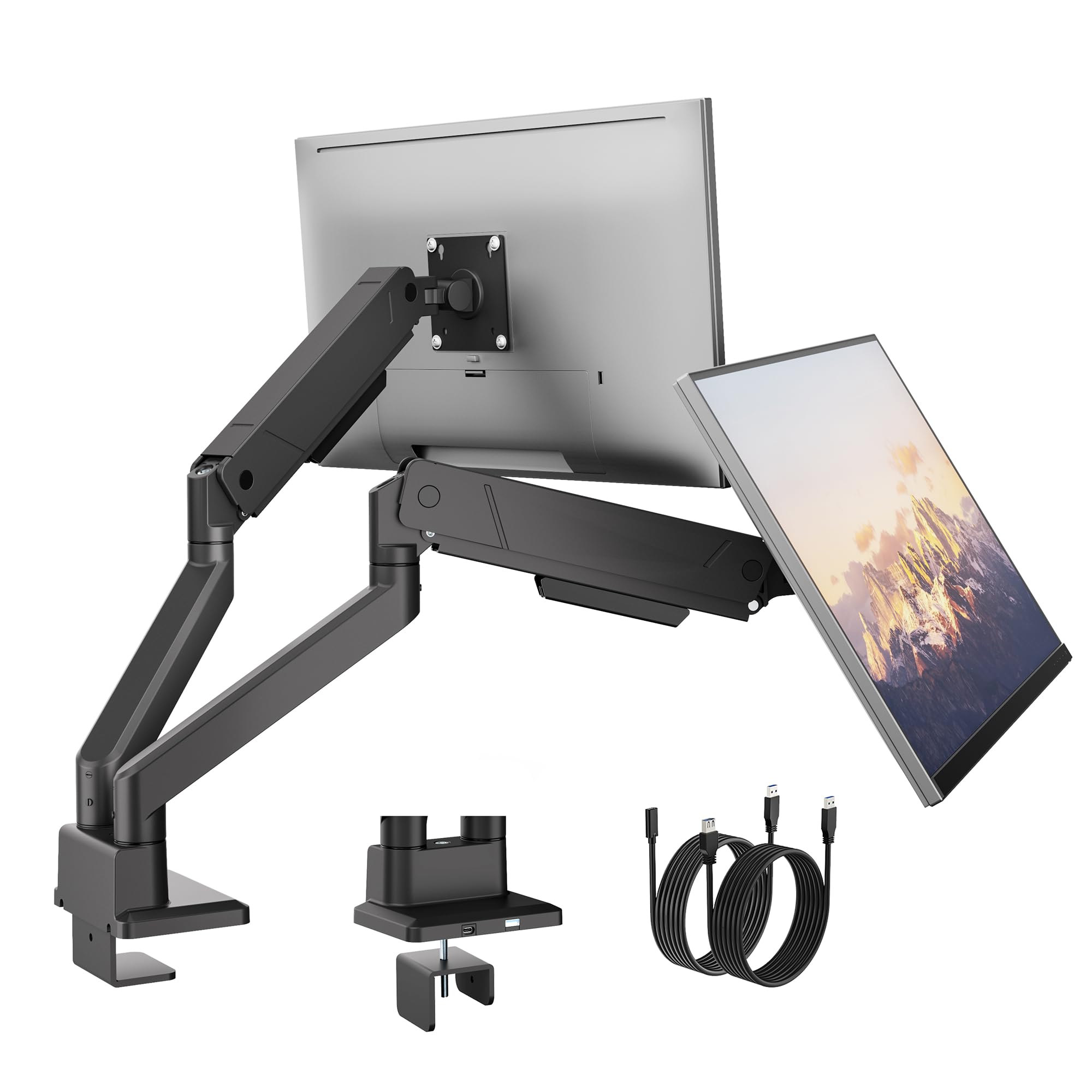 Front. Comfort Essence - Monitor Mount Arms For onitors 17 To Curved Screen Holds Adjustable Heavy Duty Desk Cable Management Vesa 7 - Black with USB.