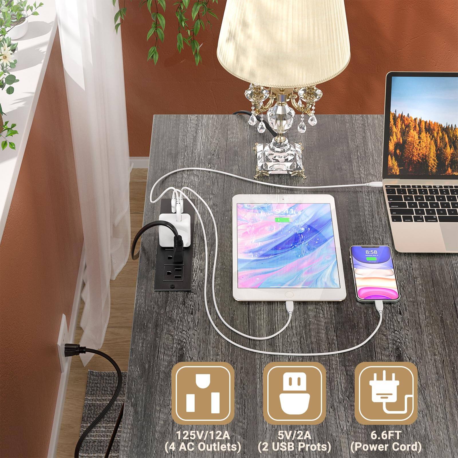 - 125V/12A (4 AC Outlets)
- 5V/2A (2 USB Ports)
- 6.6FT (Power Cord)