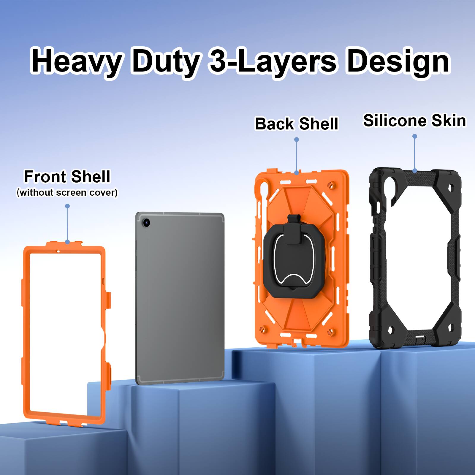 Heavy Duty 3-Layers Design  
Back Shell  
Silicone Skin  
Front Shell (without screen cover)