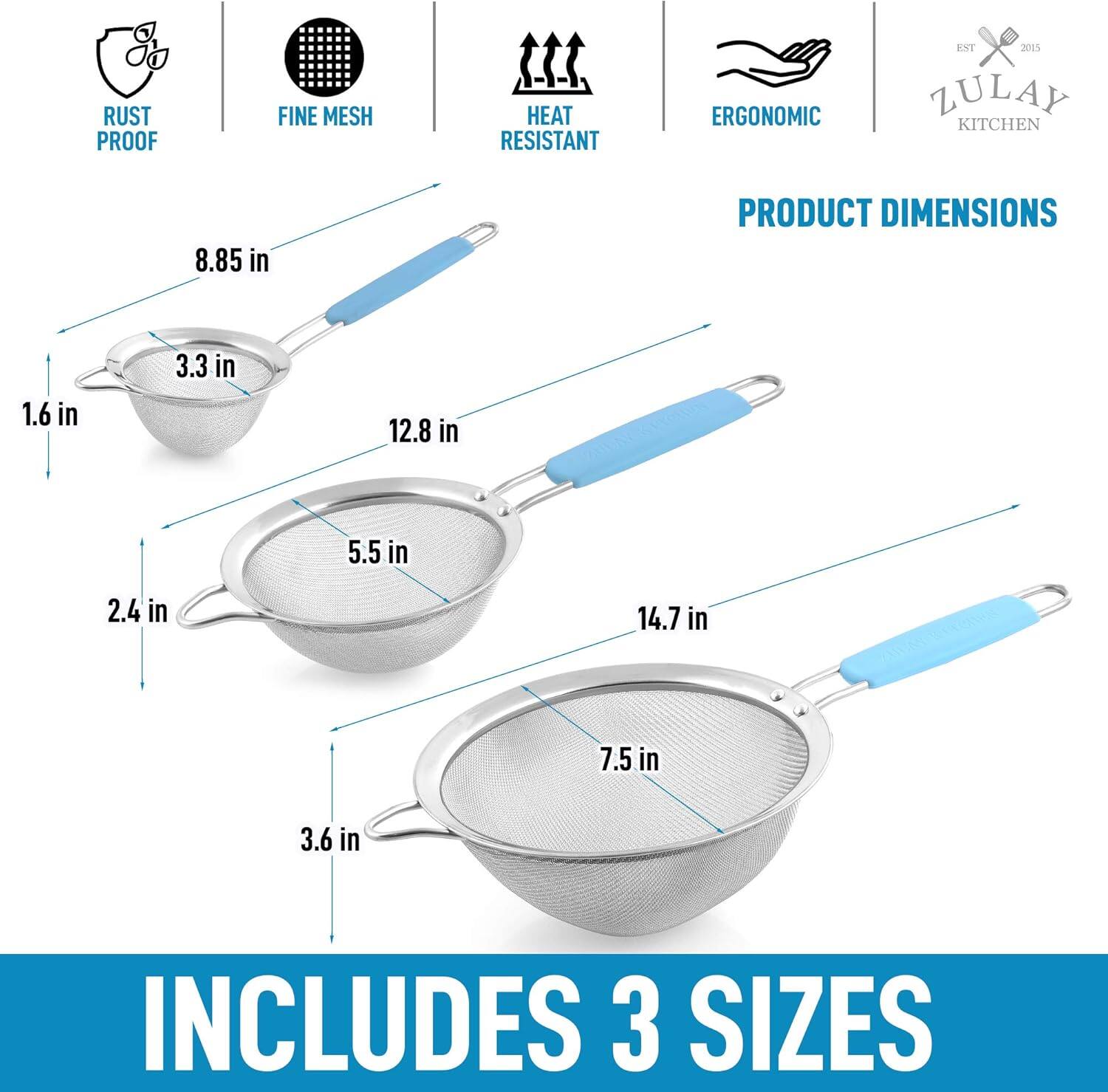Zulay Kitchen - Premium Stainless Steel Fine Mesh Strainer Set - Strainers For Kitchen (Set of 3) with Non-Slip Handles - Thumbnail 2