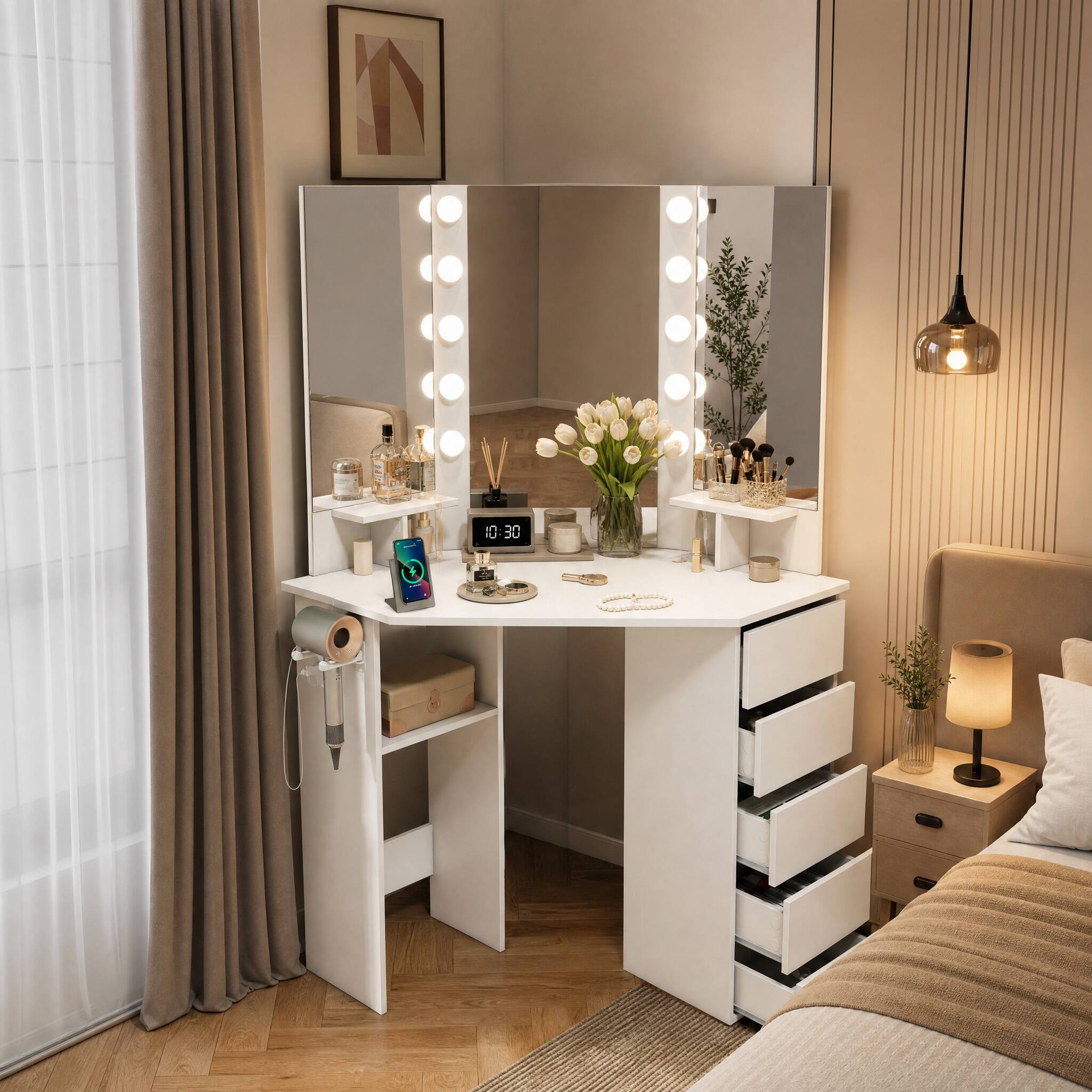 Angle. WELLFOR - Corner Vanity Desk with Mirror and Lights, Makeup Vanity Table with 5 Drawers&Charging Station,Vanity Dressing Table - White.